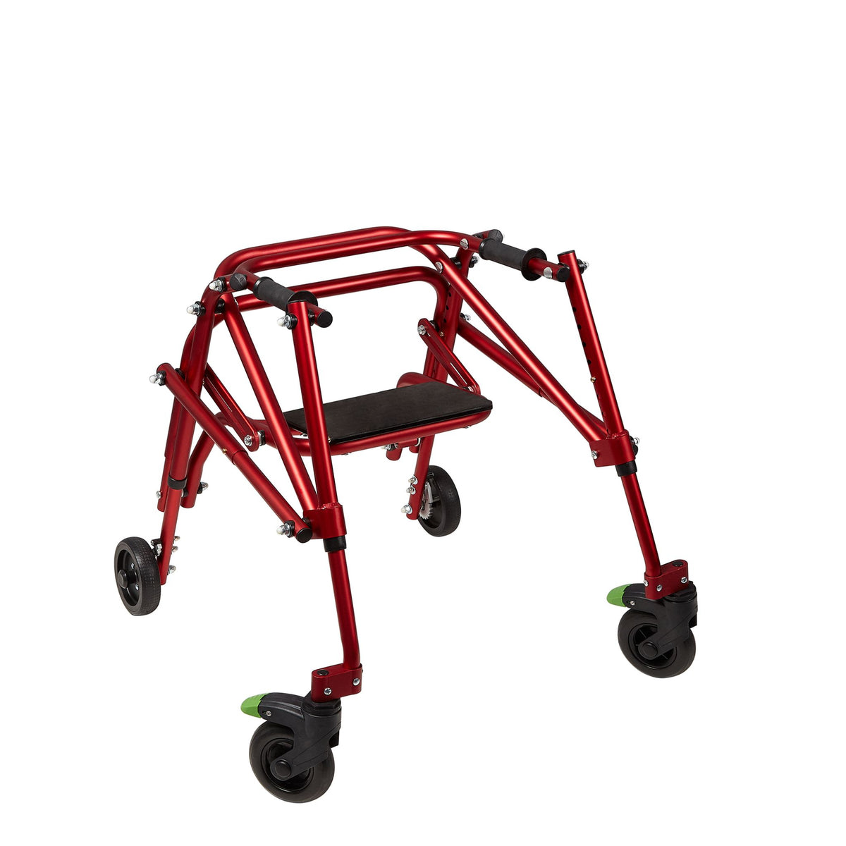 Red Klip posterior walker with flip-up seat in the down position and foot-activated swivel wheel locks