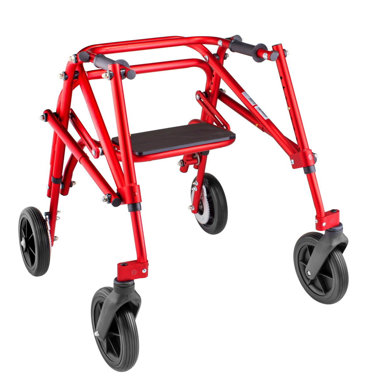 Blue Klip posterior walker with flip-up seat and large 8 inch front swivel wheels