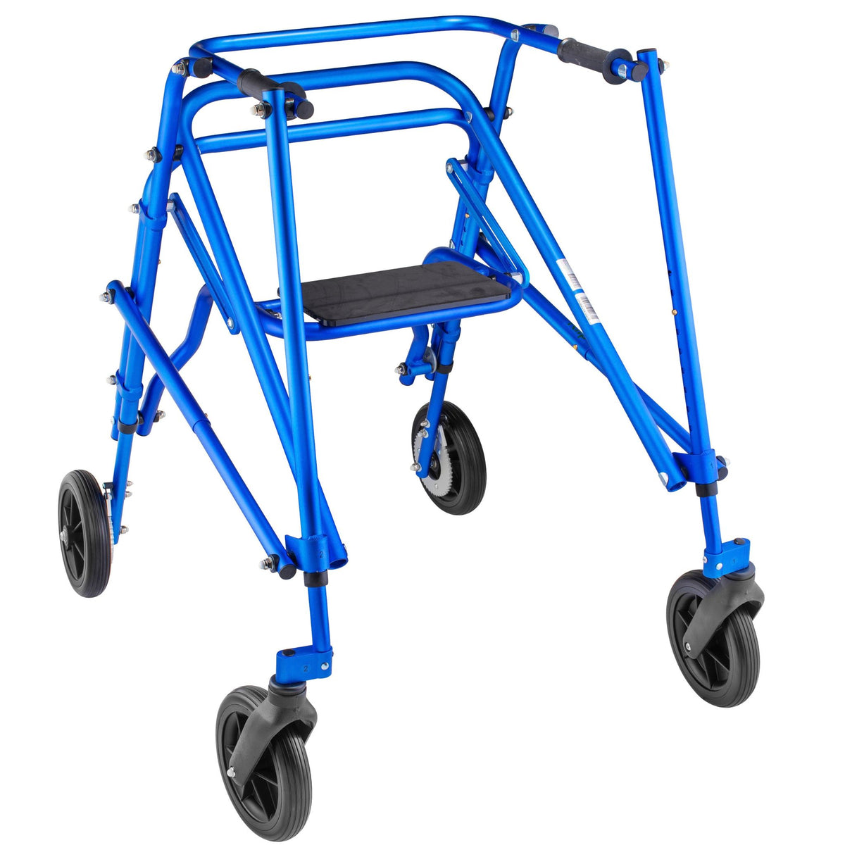 Blue Klip posterior walker with flip-up seat and large 8 inch front swivel wheels
