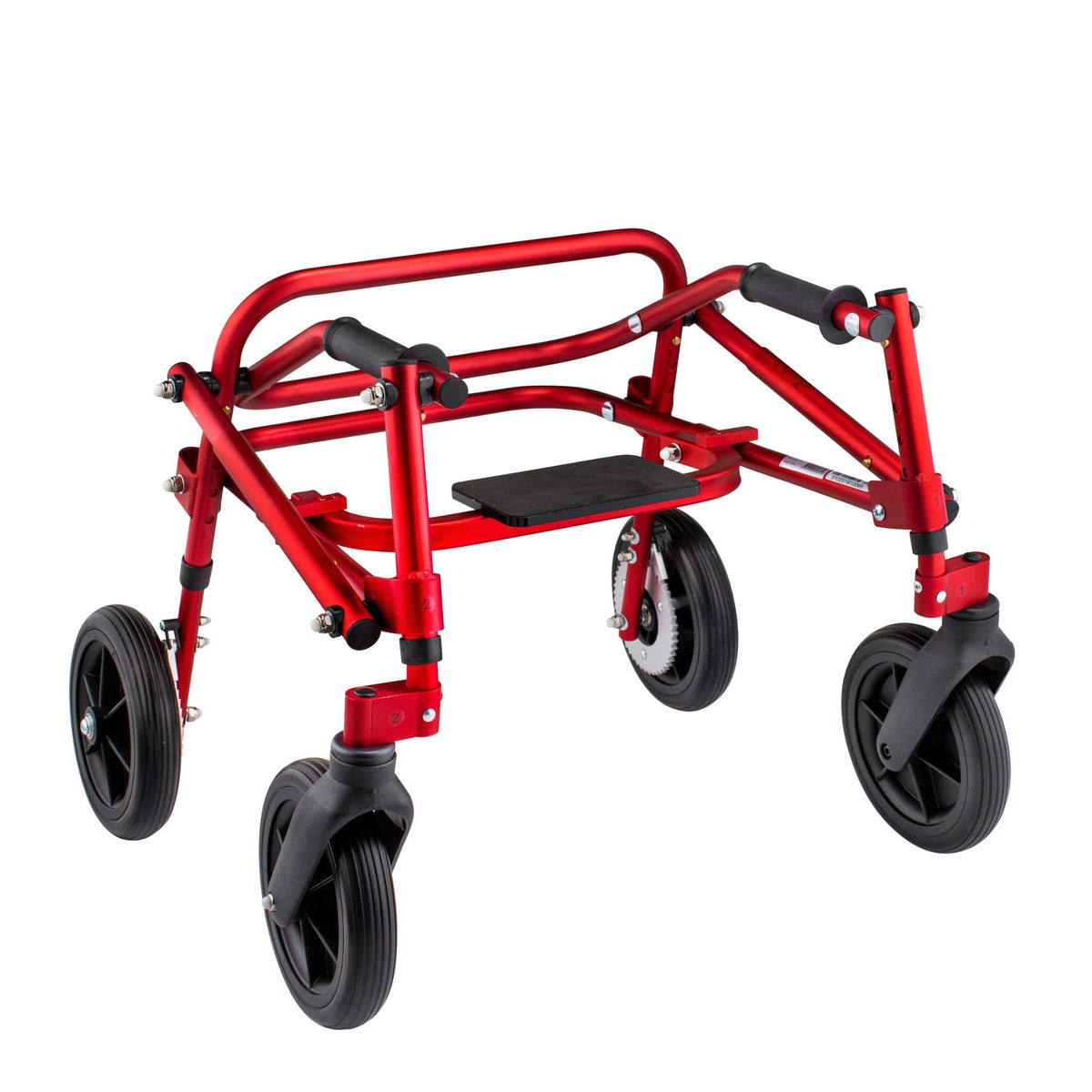 Red Klip posterior walker with flip-up seat and large 8 inch front swivel wheels