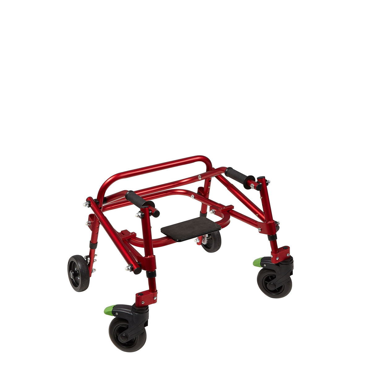 Red Klip posterior walker with seat and 8 inch front wheels, extra-small size