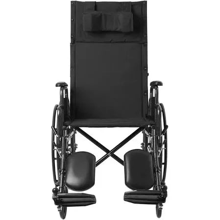 Reclining lightweight wheelchair with padded headrest and elevated leg supports