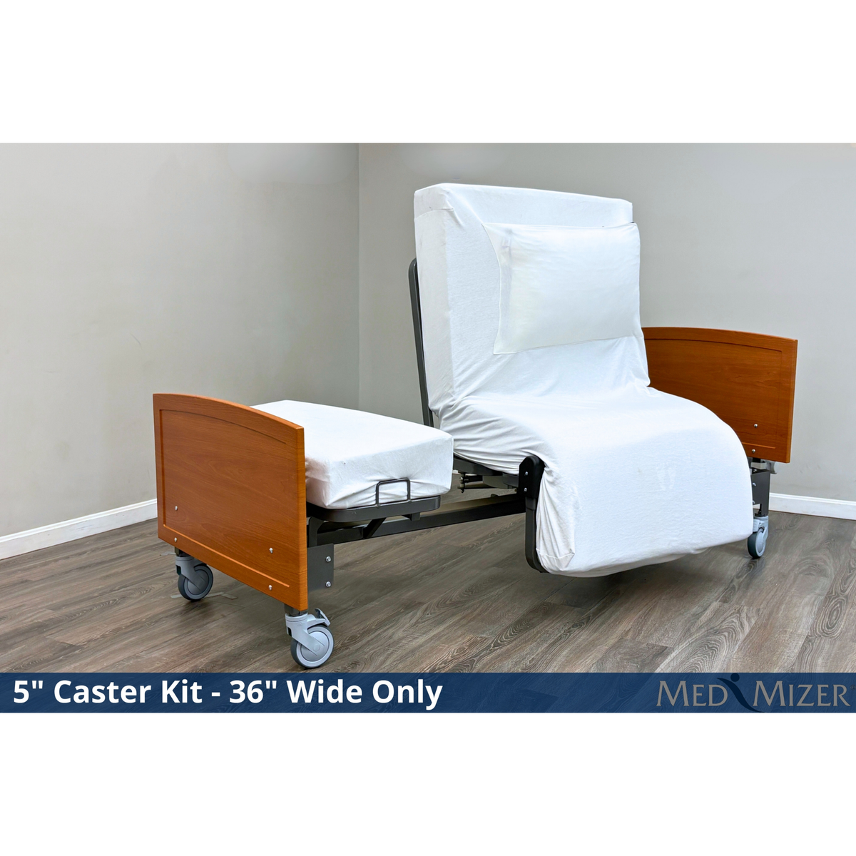 Med-Mizer ActiveCare Fixed bed on the 5-inch caster kit in 36-inch width, rotated to seated chair exit position