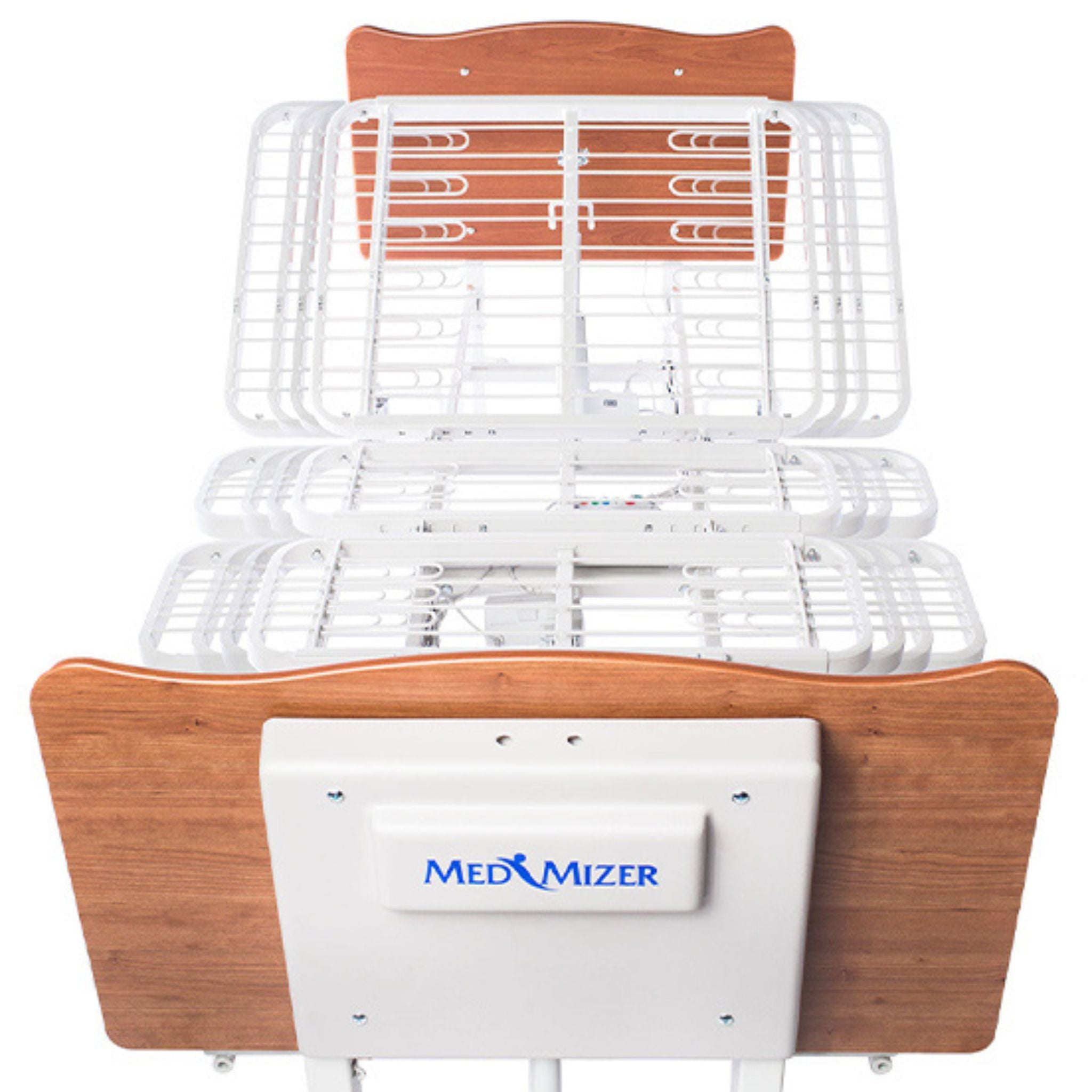 End view of the Med-Mizer ComfortWide bed showing the expandable deck sections and wood endboard