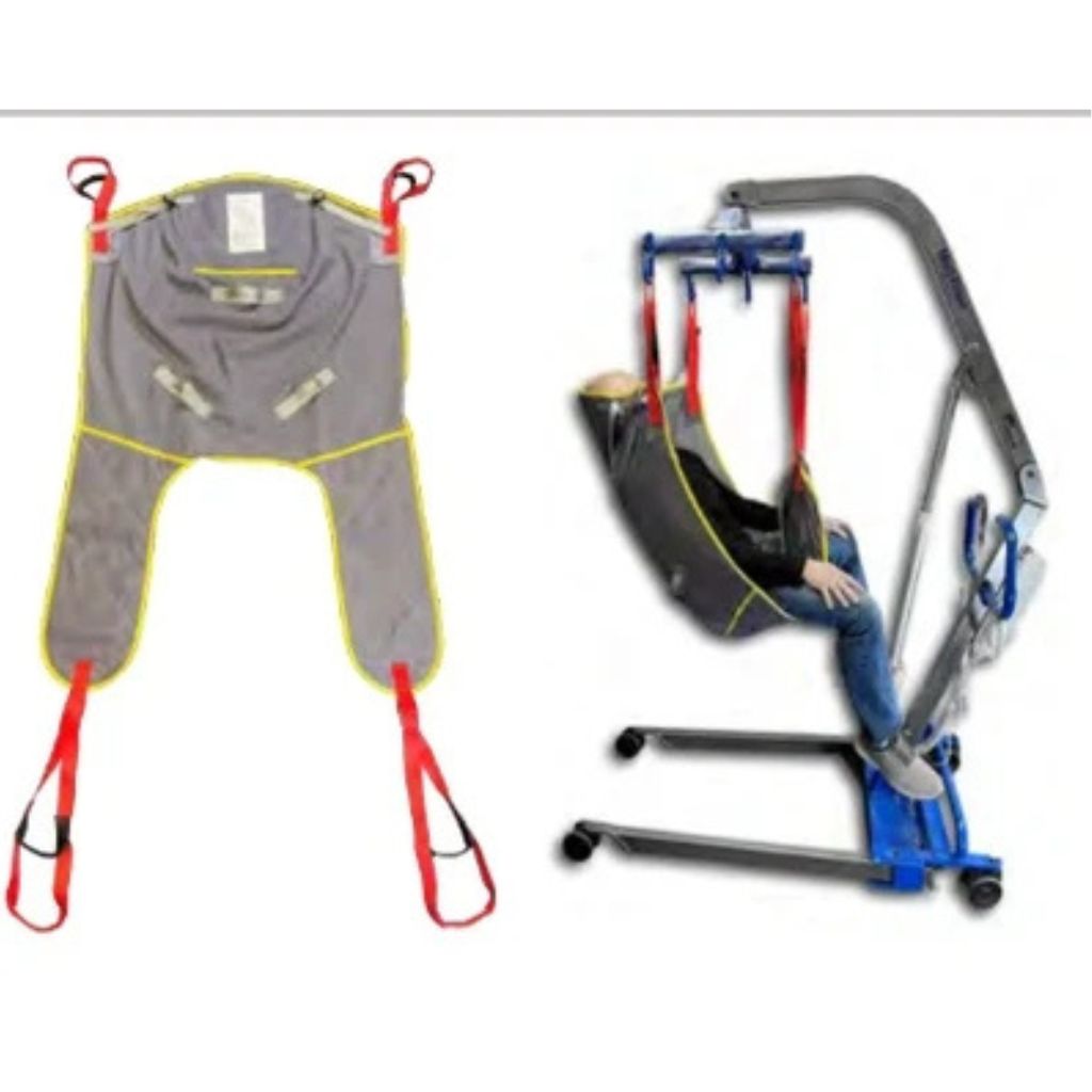 Gray general-purpose mesh sling with red loop straps shown flat and lifting a reclined patient on a Med-Riser floor lift