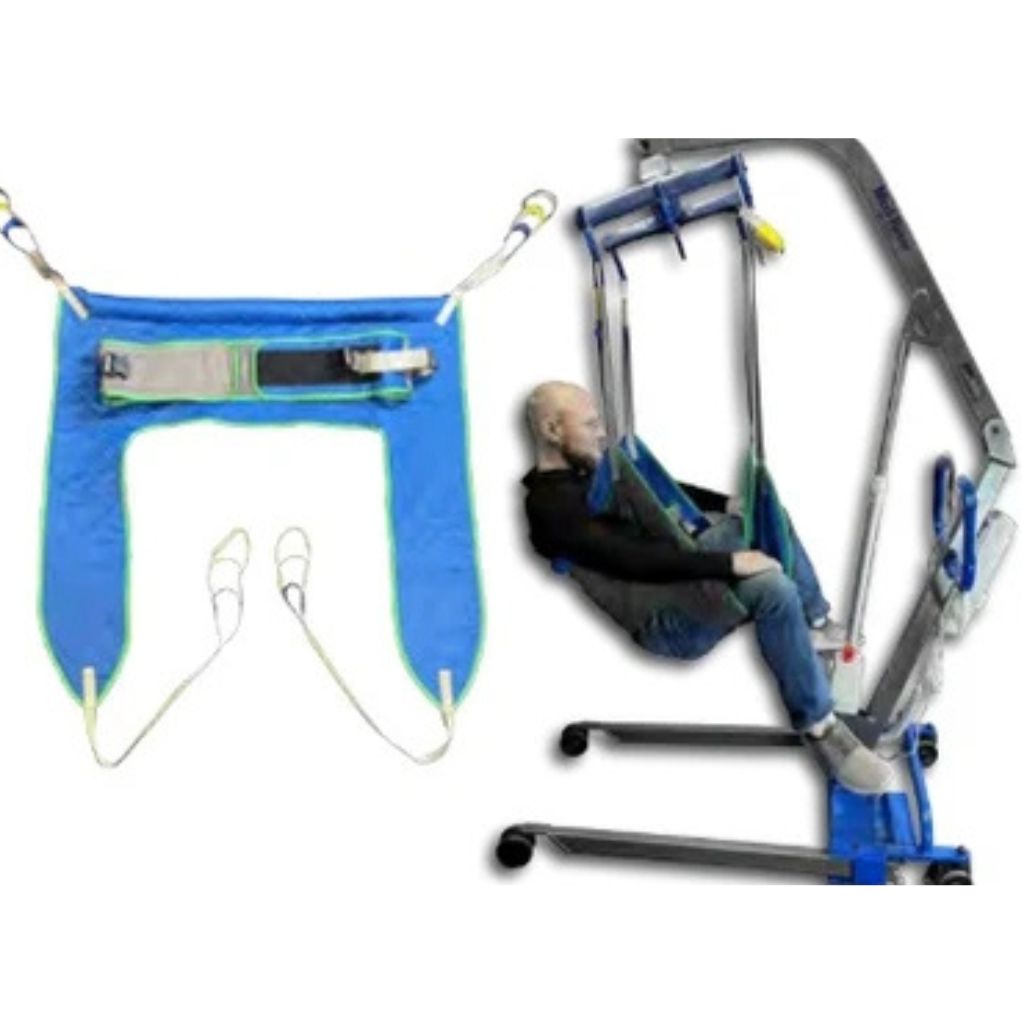 MedMizer Med-Riser hygiene sling shown flat and in use on a patient lift, with open commode cutout for toileting access
