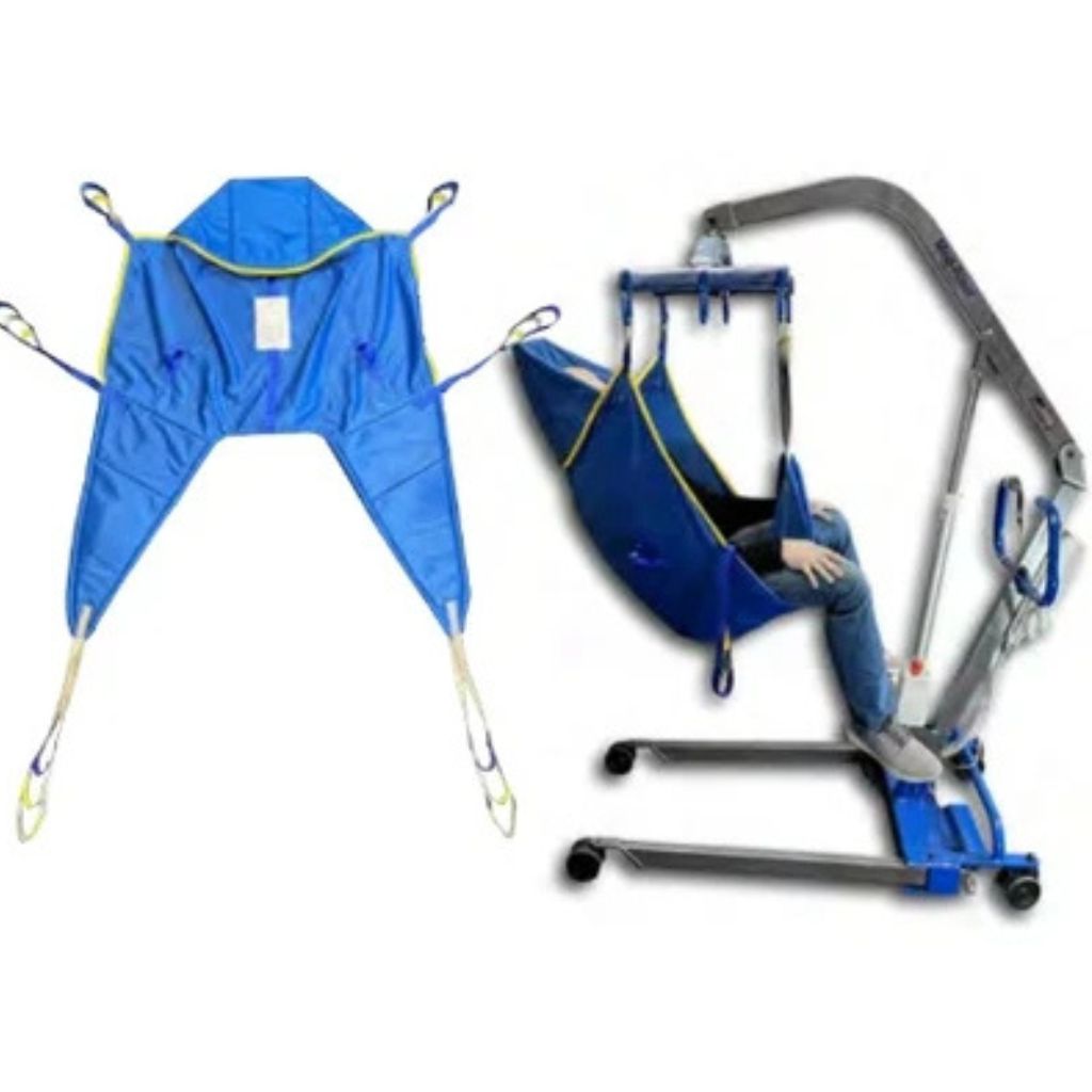 MedMizer Med-Riser padded full-body sling shown flat and supporting a seated patient suspended from a Med-Riser lift