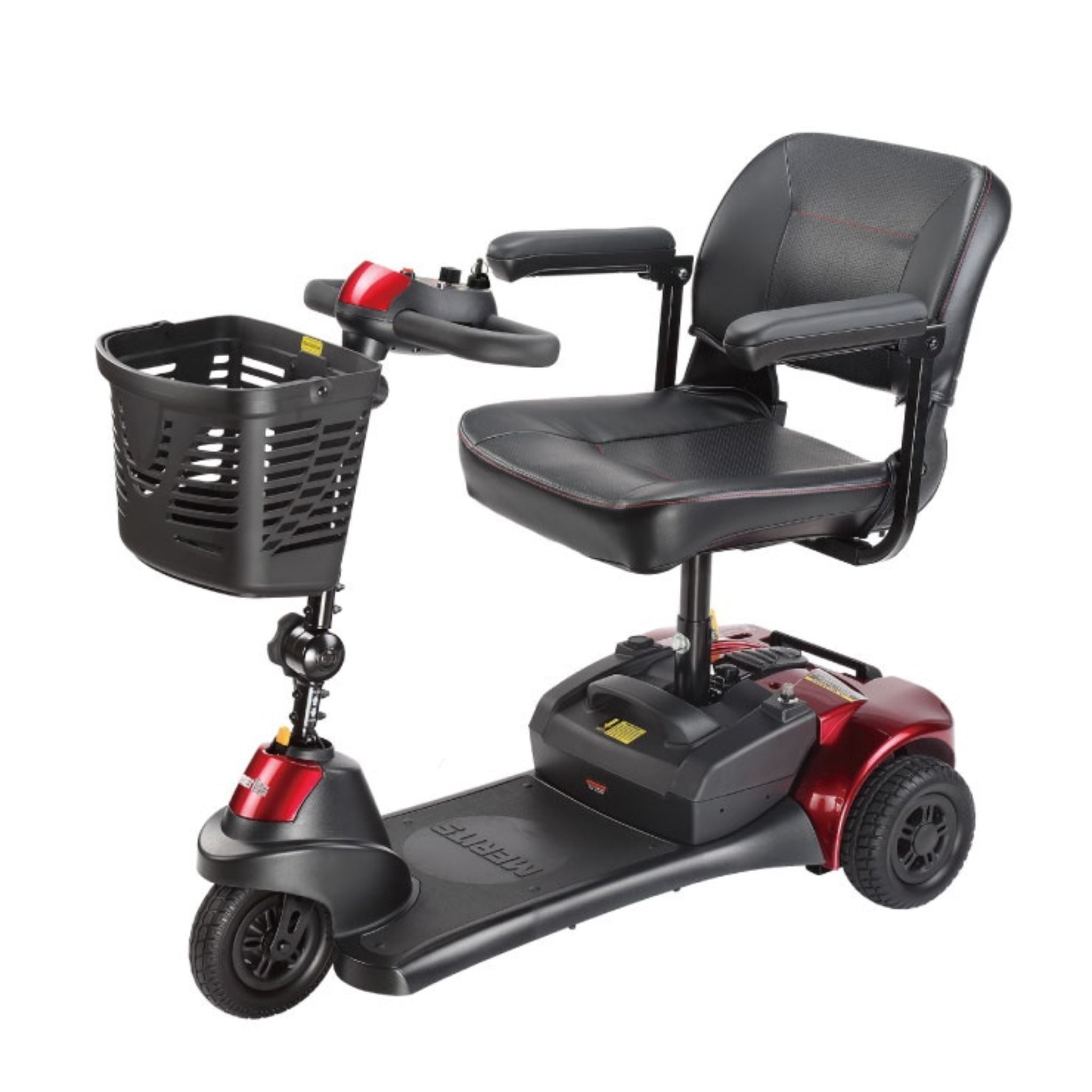 Red Merits Roadster 3 compact travel mobility scooter with swivel seat, flip-back armrests, and front basket.