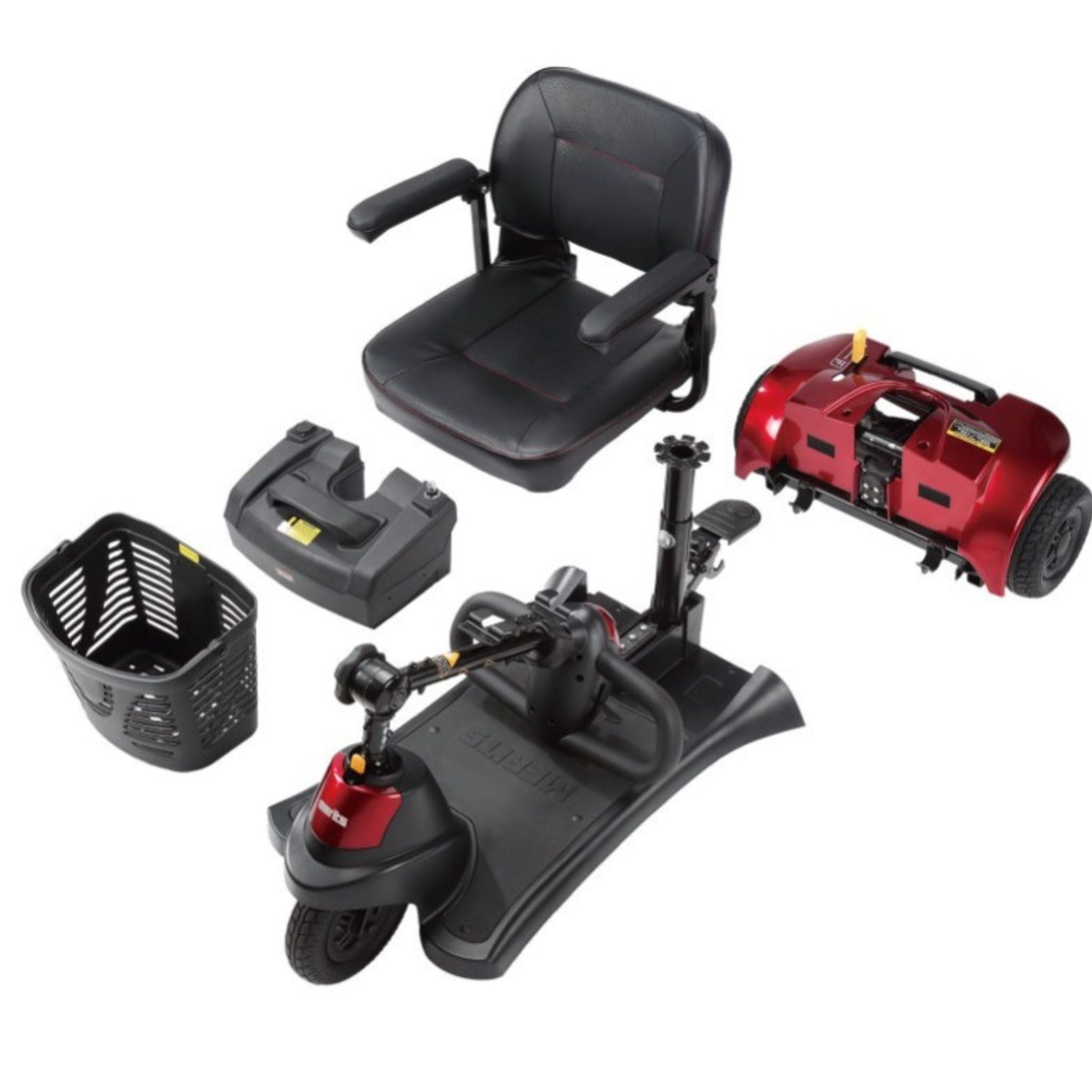 Exploded view of the Merits Roadster 3 showing five easy-to-remove components for transport and storage.
