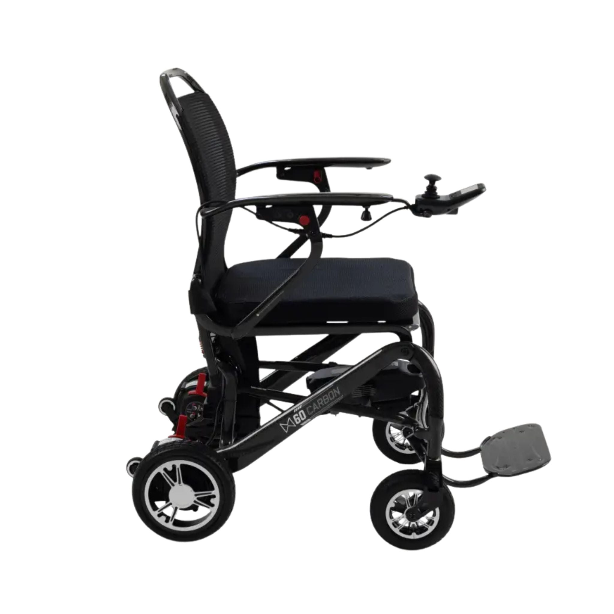 Close-up of the MM60 Carbon padded seat, breathable mesh backrest, and joystick controller