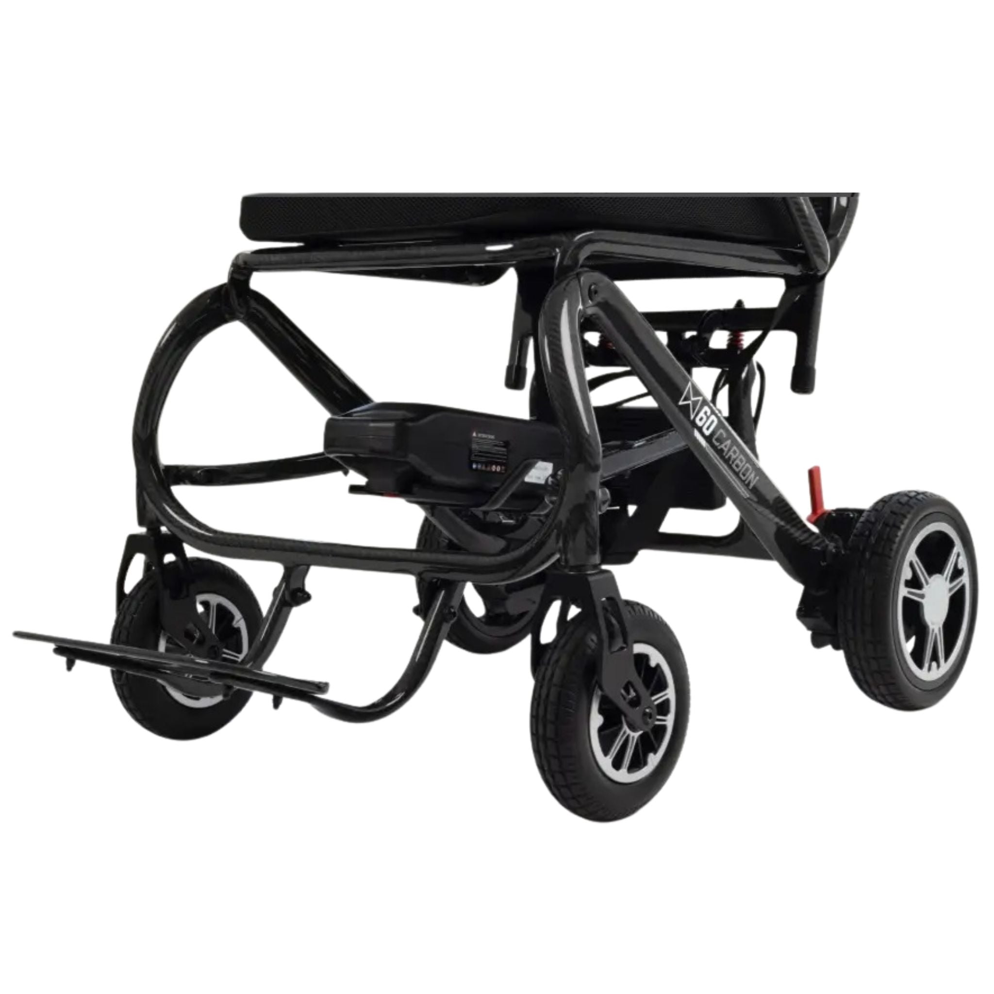 Underside view of the MM60 Carbon showing the folding frame, dual motors, and battery