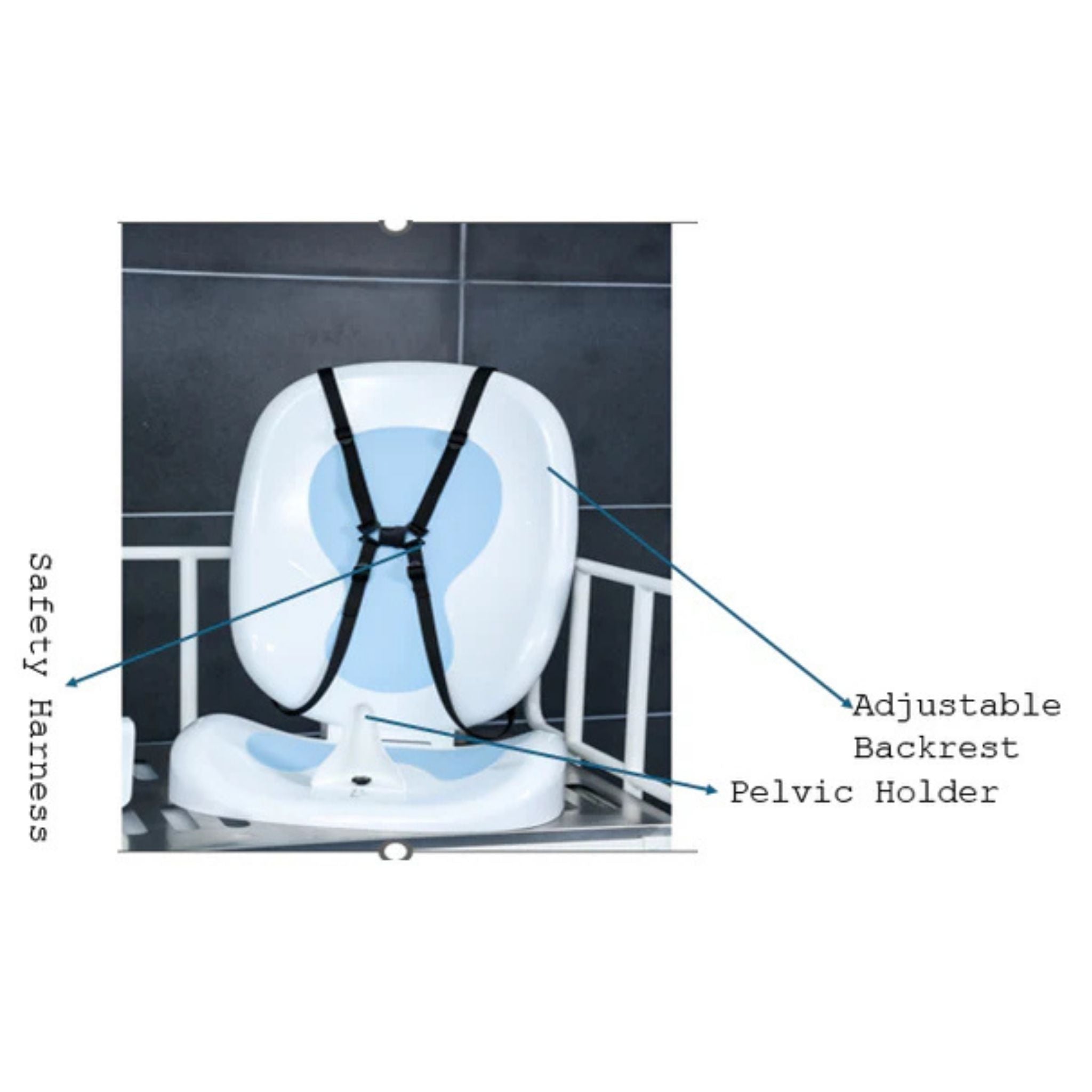 Safety harness, pelvic support, and adjustable backrest on Morgan AH Medical bathing trolley