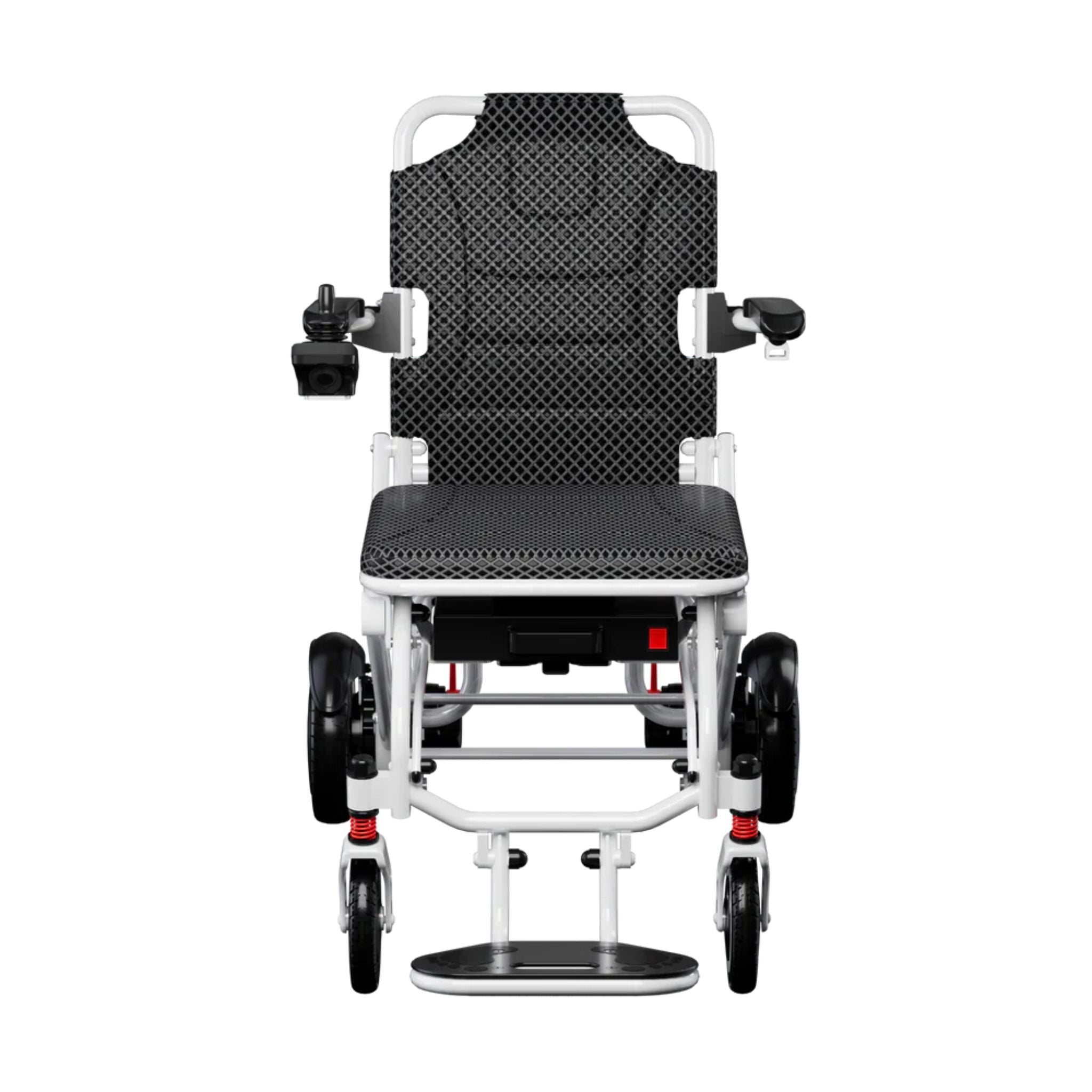 Front view of the OAS Air Pro lightweight electric wheelchair with flip-up footplate