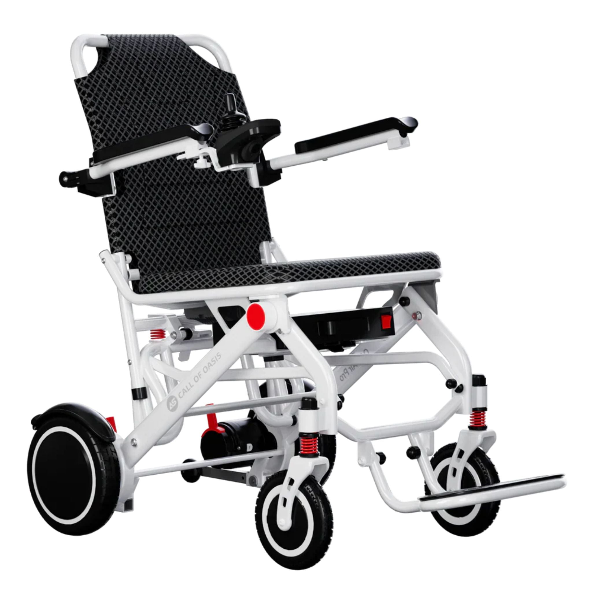 Right side view of the OAS Air Pro lightweight folding electric wheelchair
