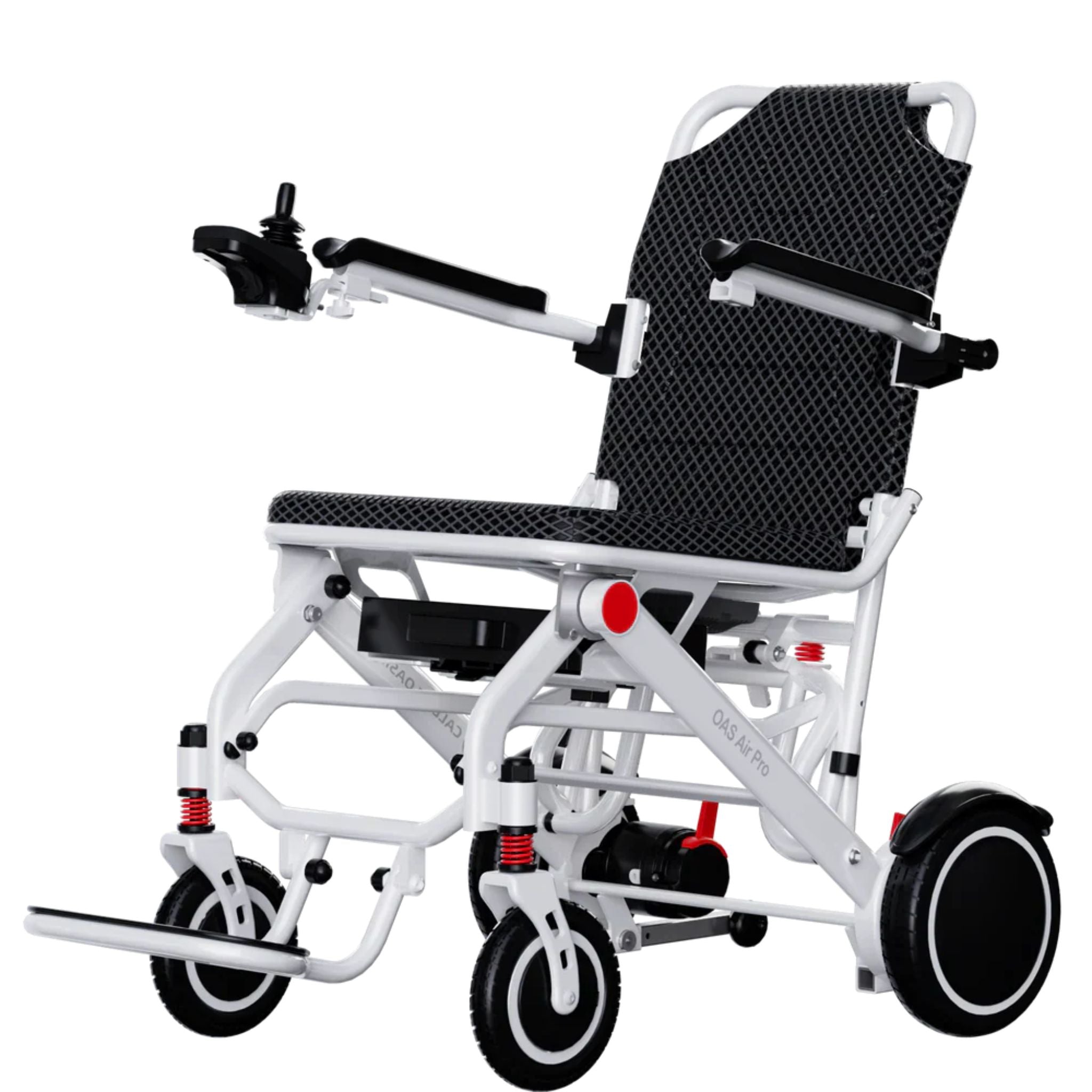 Left side view of the OAS Air Pro lightweight folding electric wheelchair