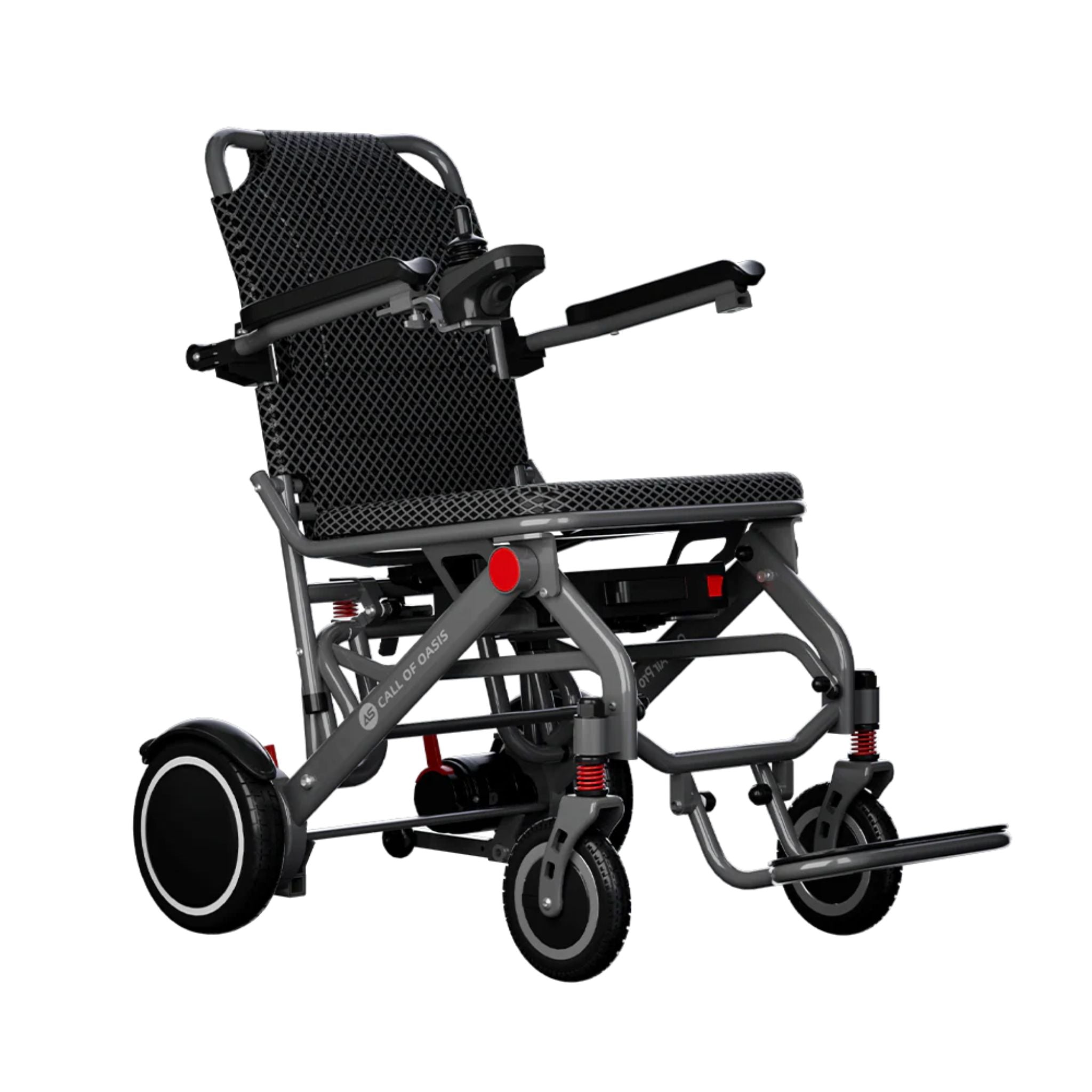 OAS Air Pro lightweight foldable electric wheelchair in charcoal gray with aircraft-grade aluminum frame and joystick control