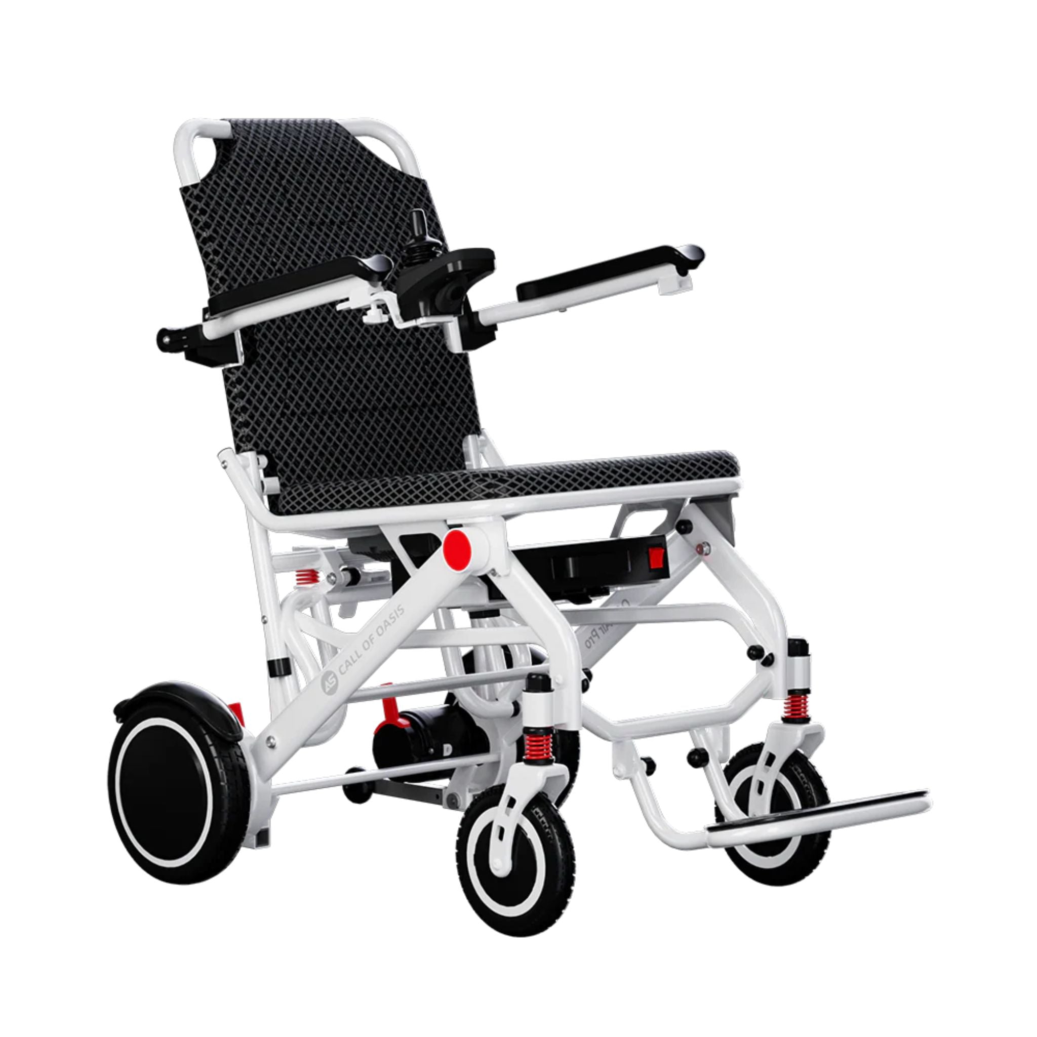 OAS Air Pro lightweight foldable electric wheelchair in ivory featuring compact travel-ready folding design