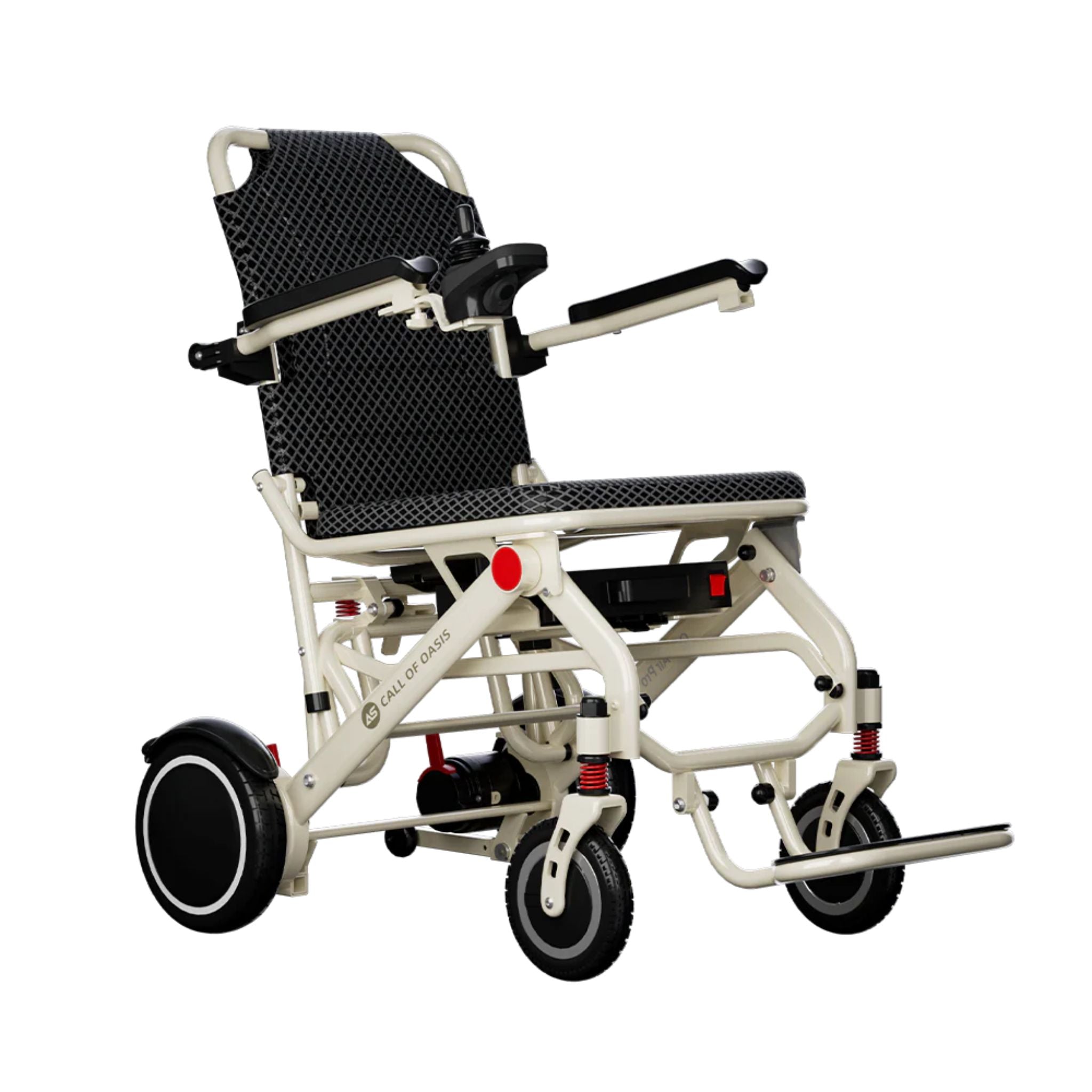 OAS Air Pro lightweight foldable electric wheelchair in latte with compact folding frame for home and travel mobility