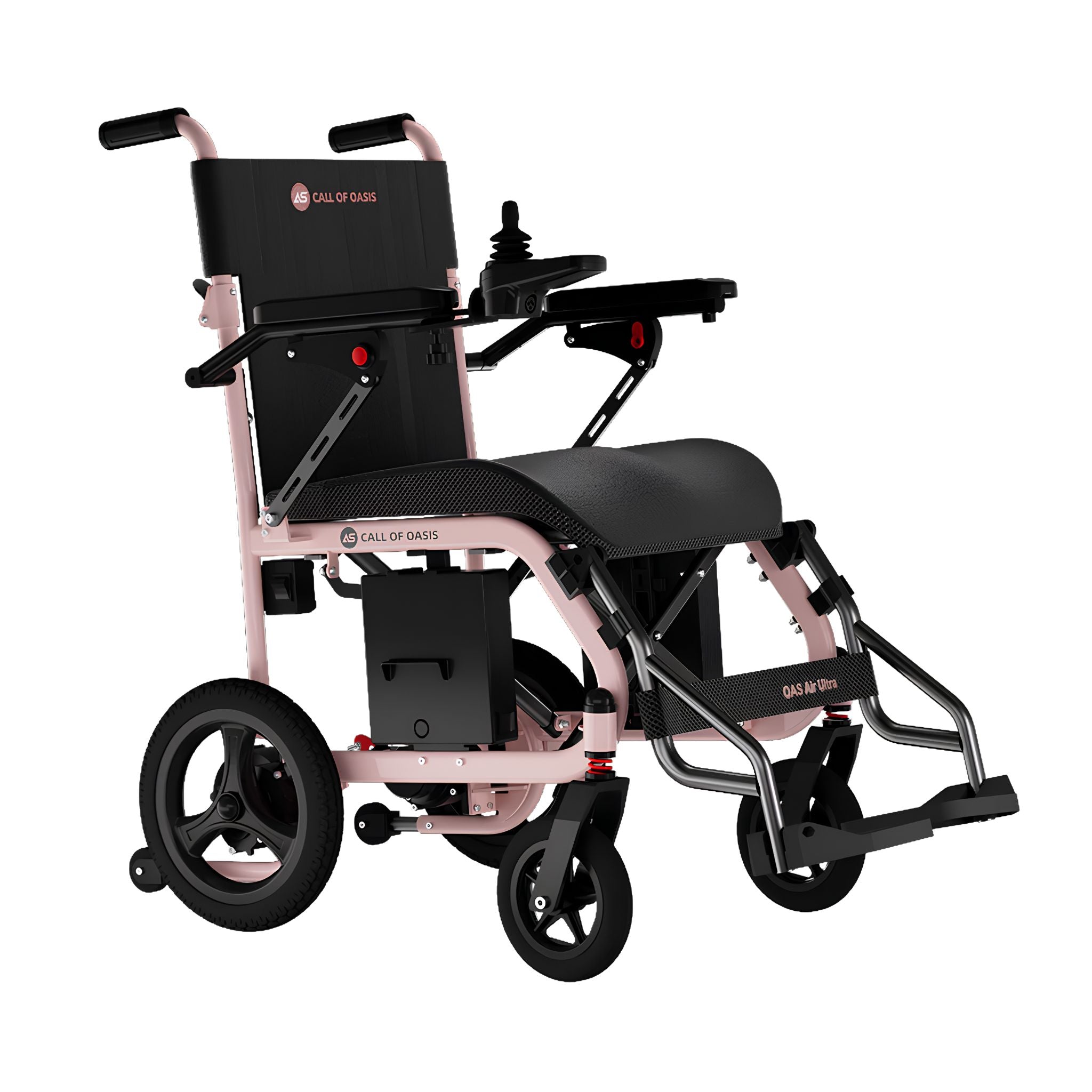 Cherry Blossom OAS Air Ultra lightweight folding travel power wheelchair with a 360-degree joystick and 12-inch rear wheels