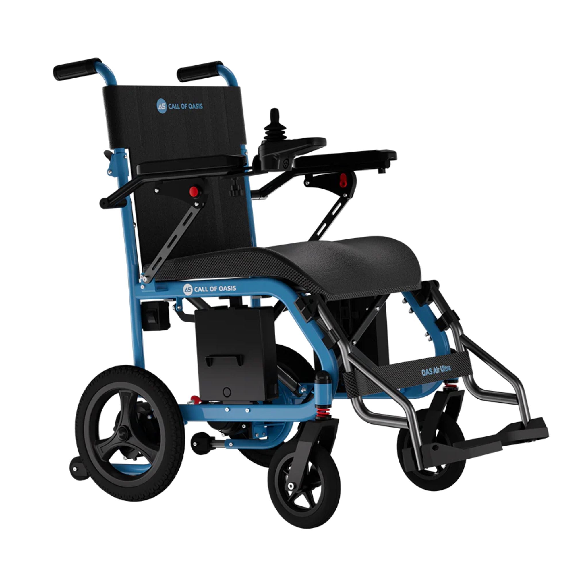 Ocean Blue OAS Air Ultra lightweight folding travel power wheelchair with a 360-degree joystick and 12-inch rear wheels