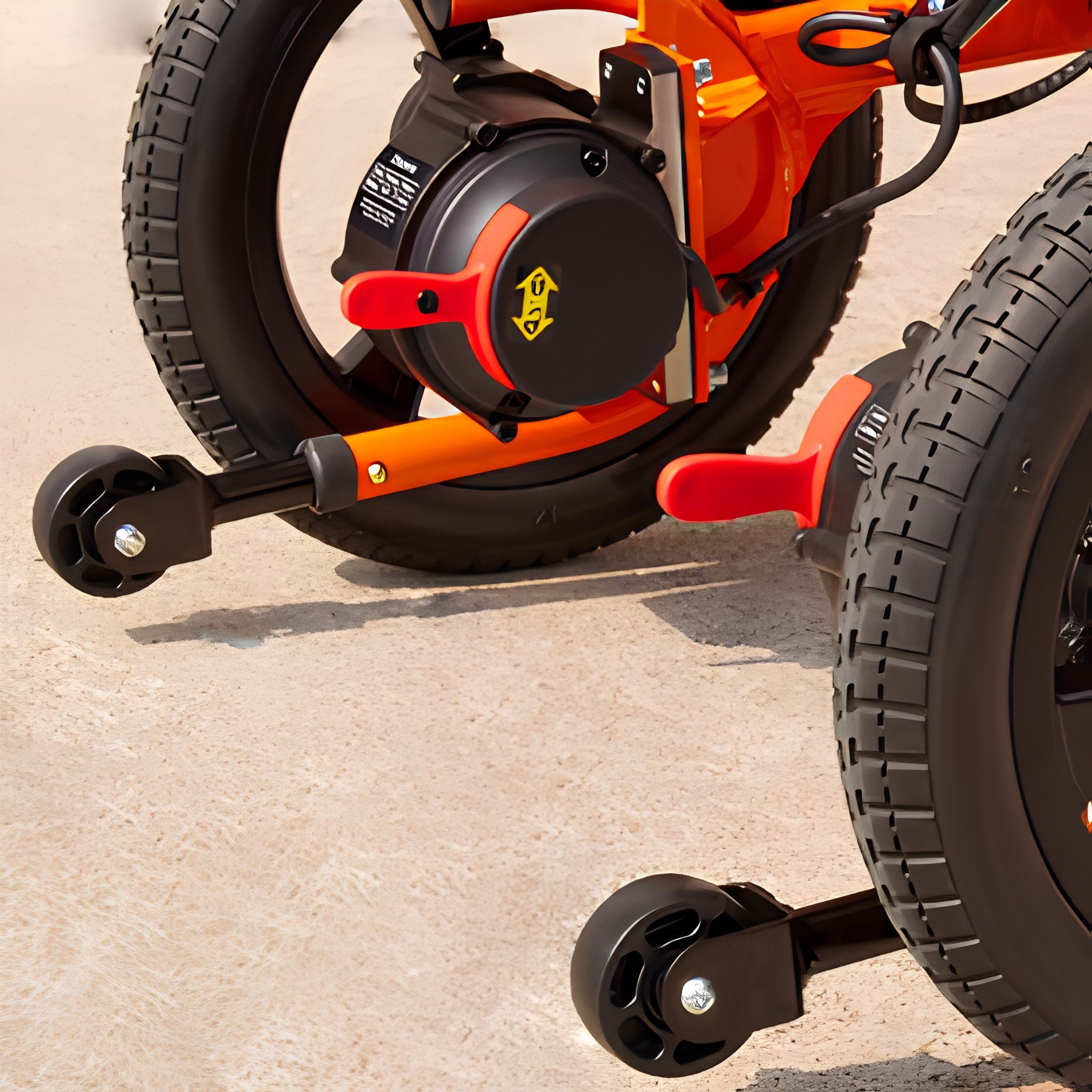 Close-up of the OAS Air Ultra rear drive motor, tire, and dual anti-tip caster wheels for added stability