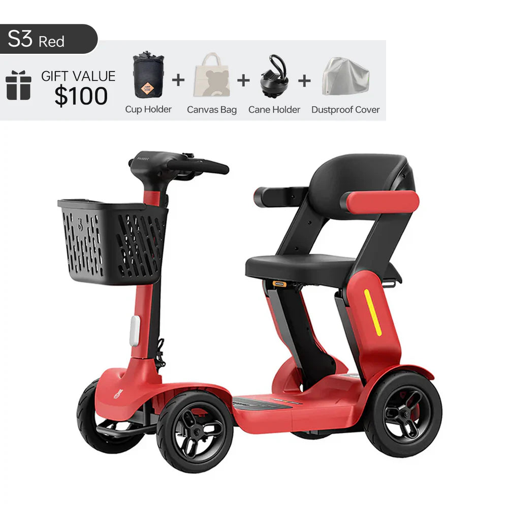Paiseec S3 red compact mobility scooter with included cup holder, canvas bag, cane holder, and dust cover.