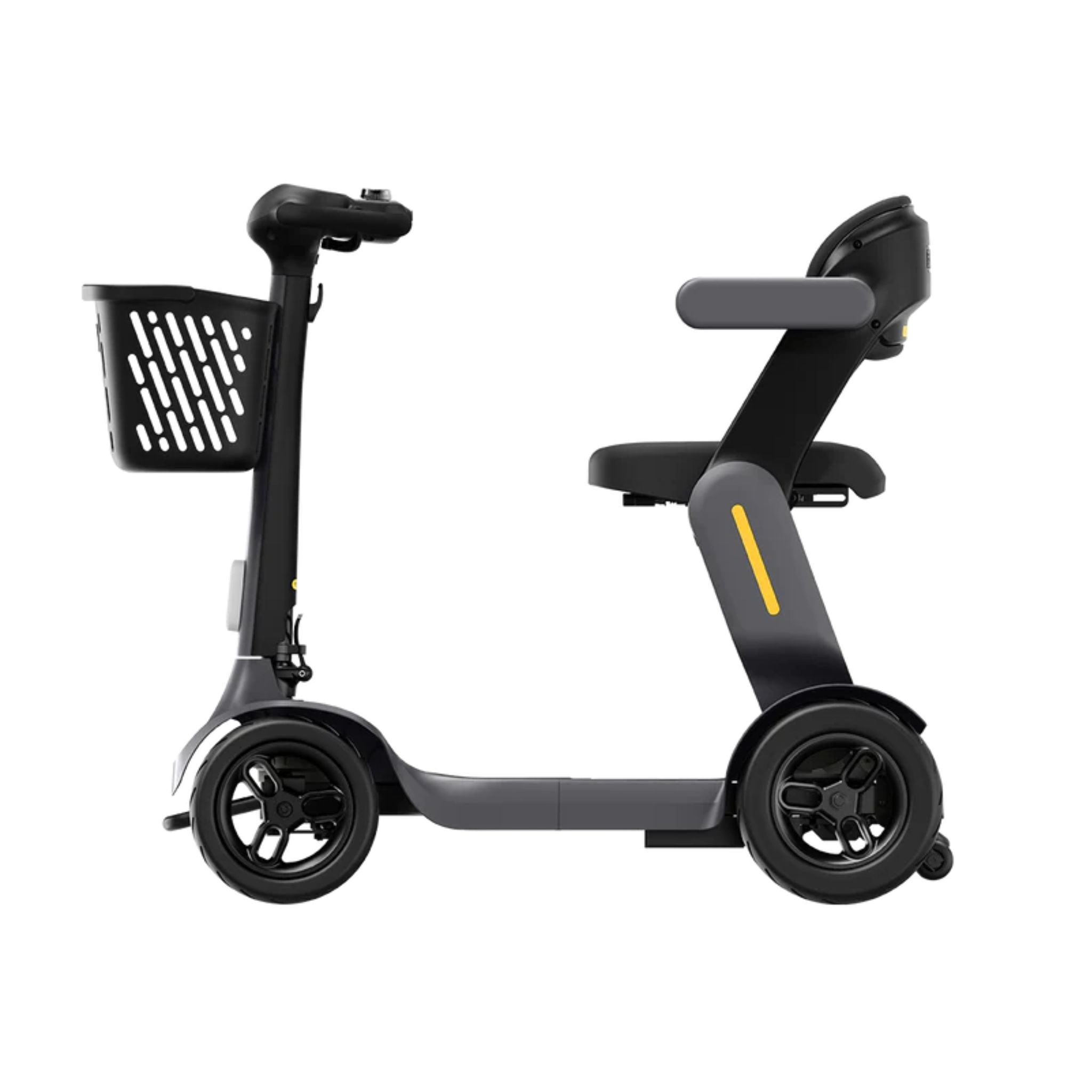 Side profile of the Paiseec S3 foldable mobility scooter highlighting its compact frame, comfortable seating, and stable four-wheel design.