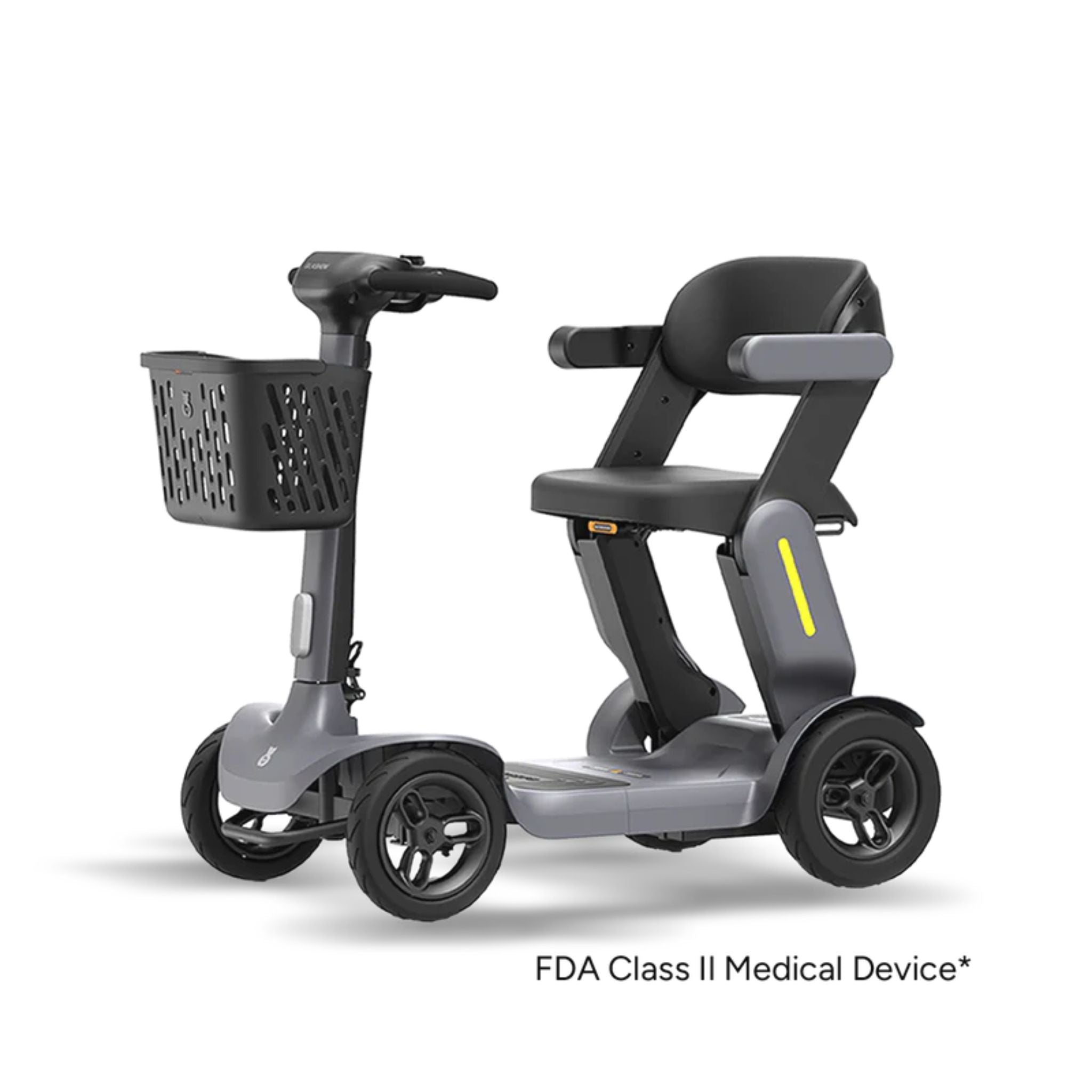 Paiseec S3 smart foldable mobility scooter in gray featuring a compact design, comfortable seat, front basket, and FDA Class II medical device designation.