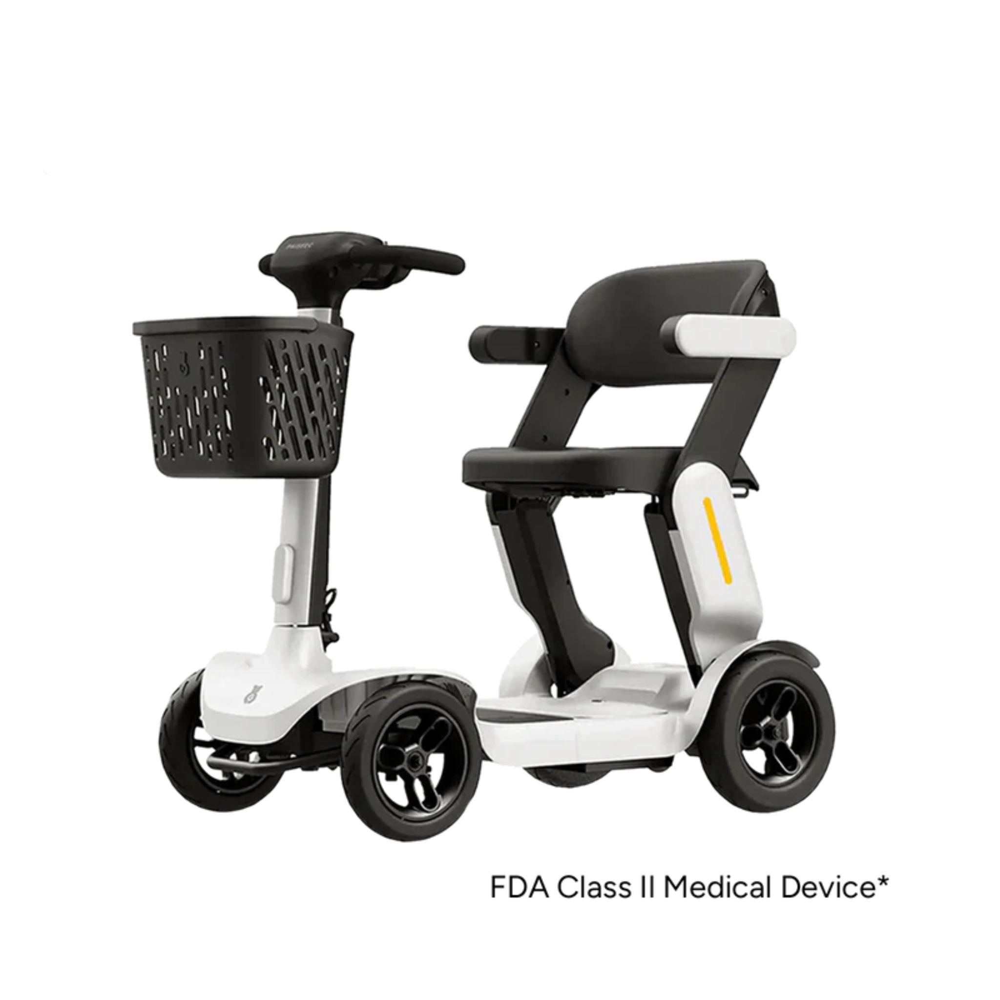 Paiseec S3 smart foldable mobility scooter in white featuring a modern folding design, front basket, and FDA Class II medical device designation.