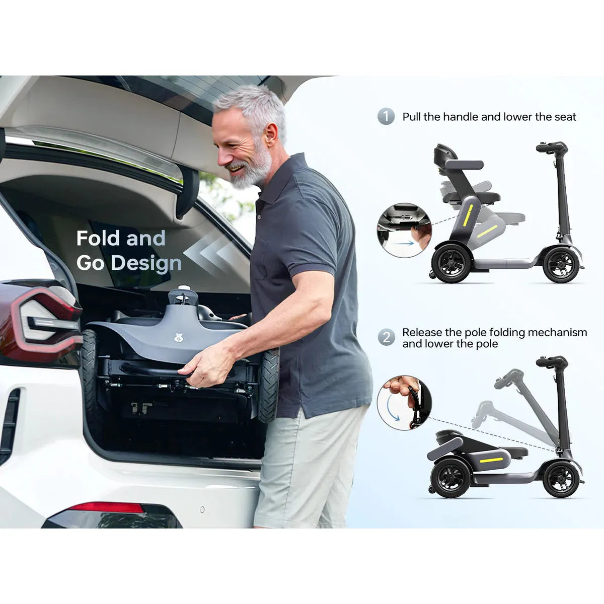 Demonstration of the Paiseec S3 two-step folding mechanism for loading the compact mobility scooter into an SUV.