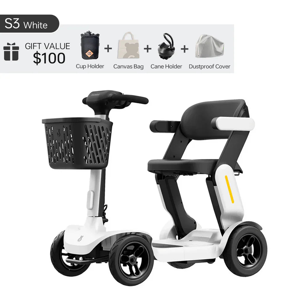 Paiseec S3 white compact mobility scooter with included cup holder, canvas bag, cane holder, and dust cover.