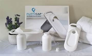 PottyCap portable female urinal kit displayed with retail packaging, detachable 32-ounce bottle, storage cap and bedside accessories for women seeking safer toileting options.