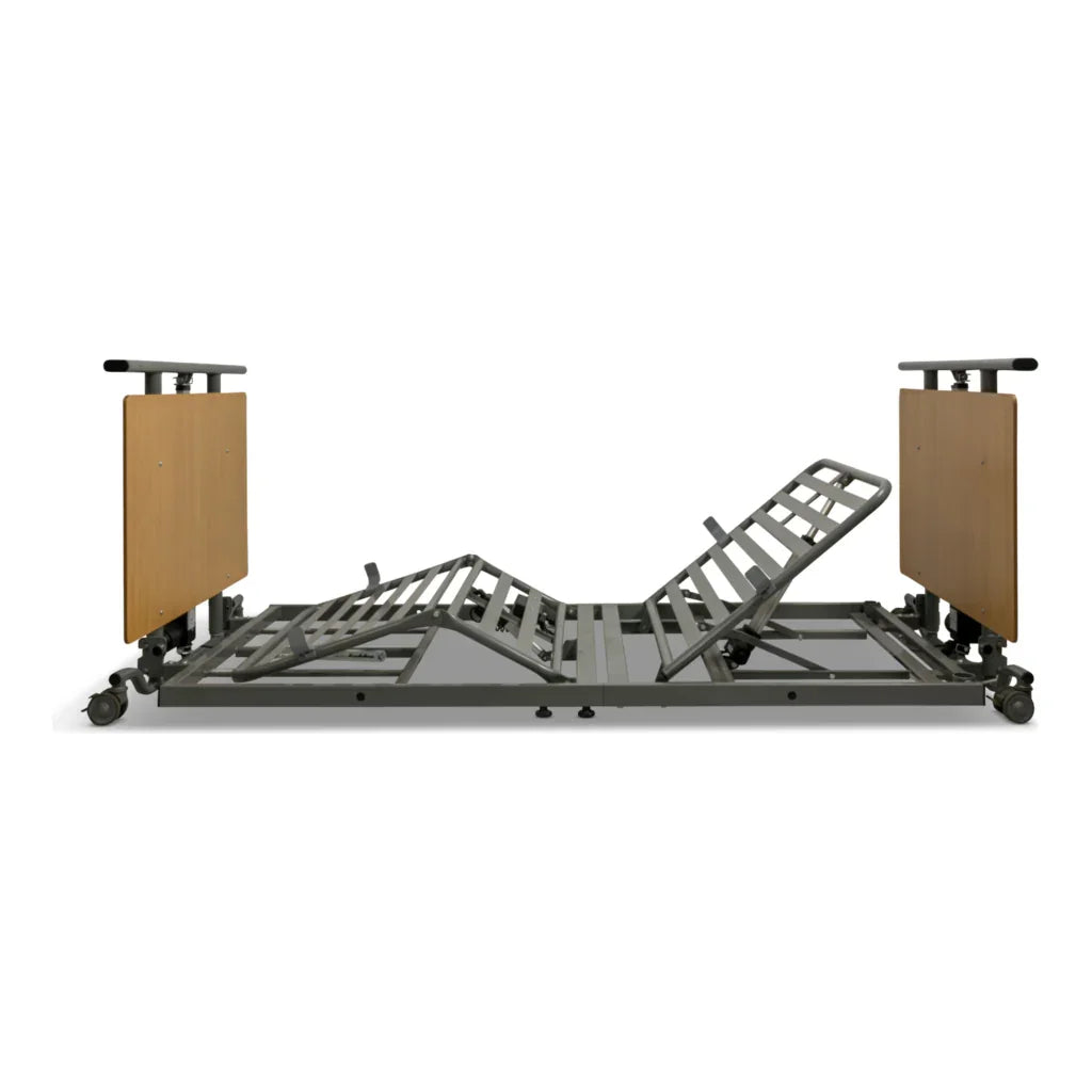 Adjustable low bed frame with metal slats, casters, and wooden end panels for mobility support