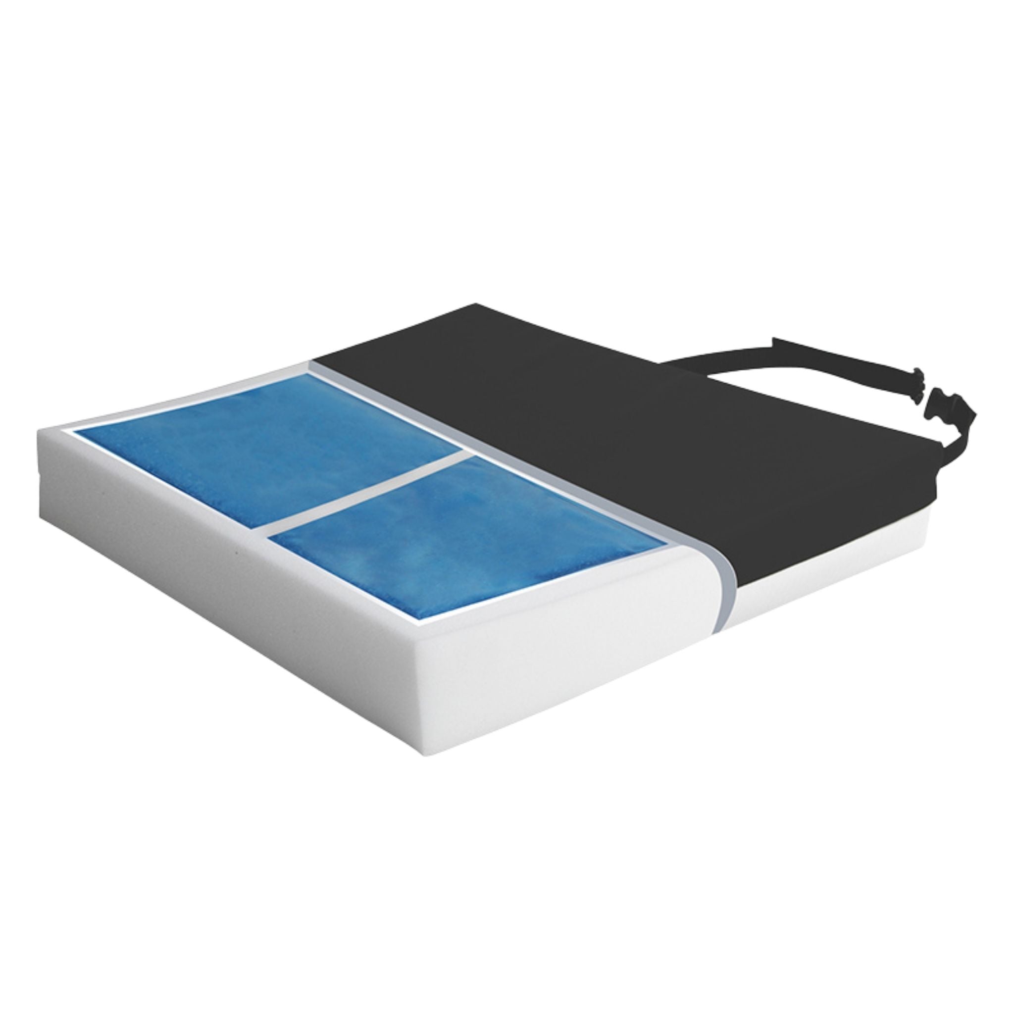 Proactive Medical Protekt Gel Bariatric cushion cutaway showing dual-compartment gel bladder, foam base, and safety strap