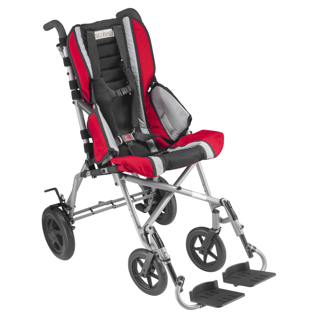 Red Circle Specialty Strive adaptive stroller with 5-point harness, side supports, twin push handles, and swing-away footrests