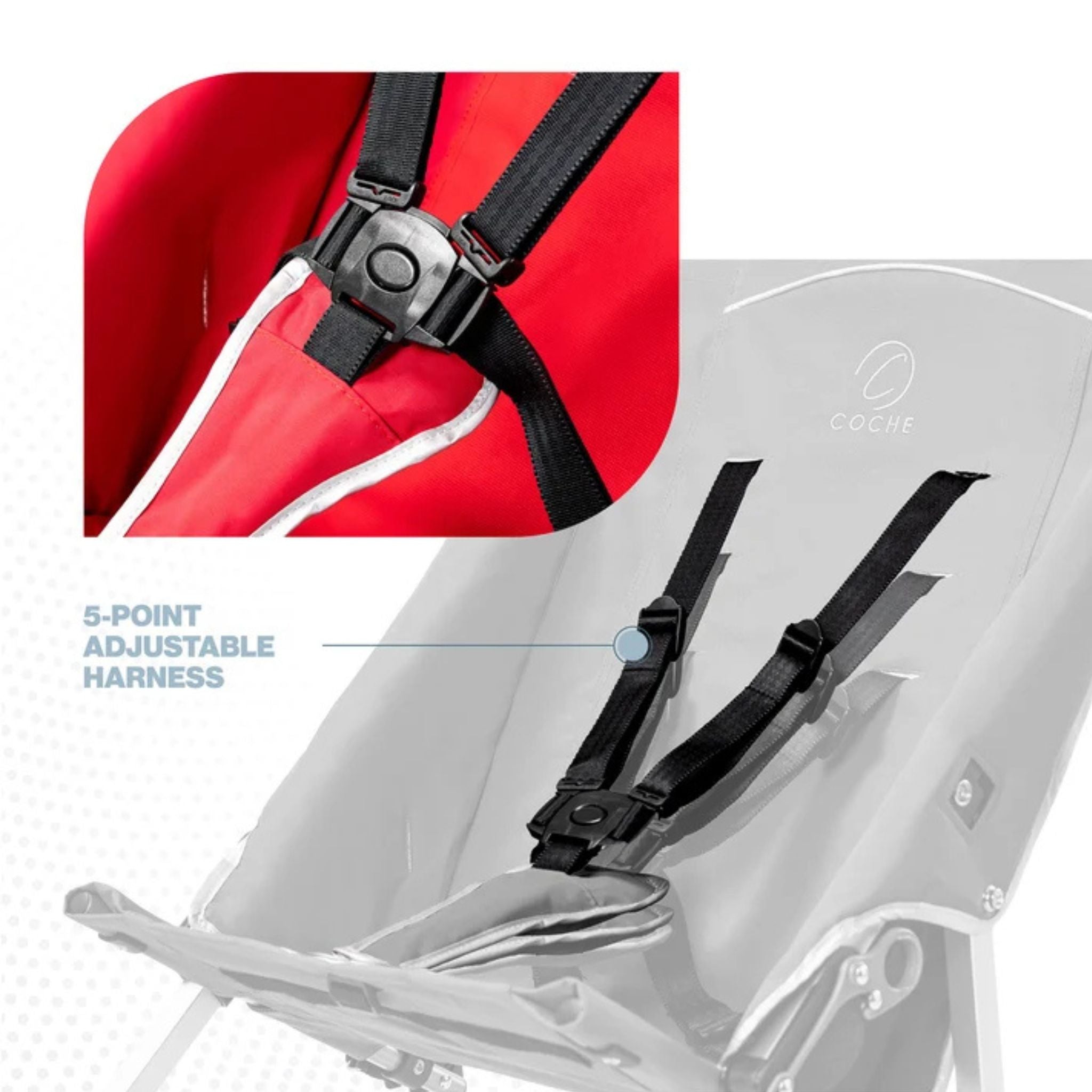 Close-up of the 5-point adjustable safety harness on a red Coche special needs stroller seat