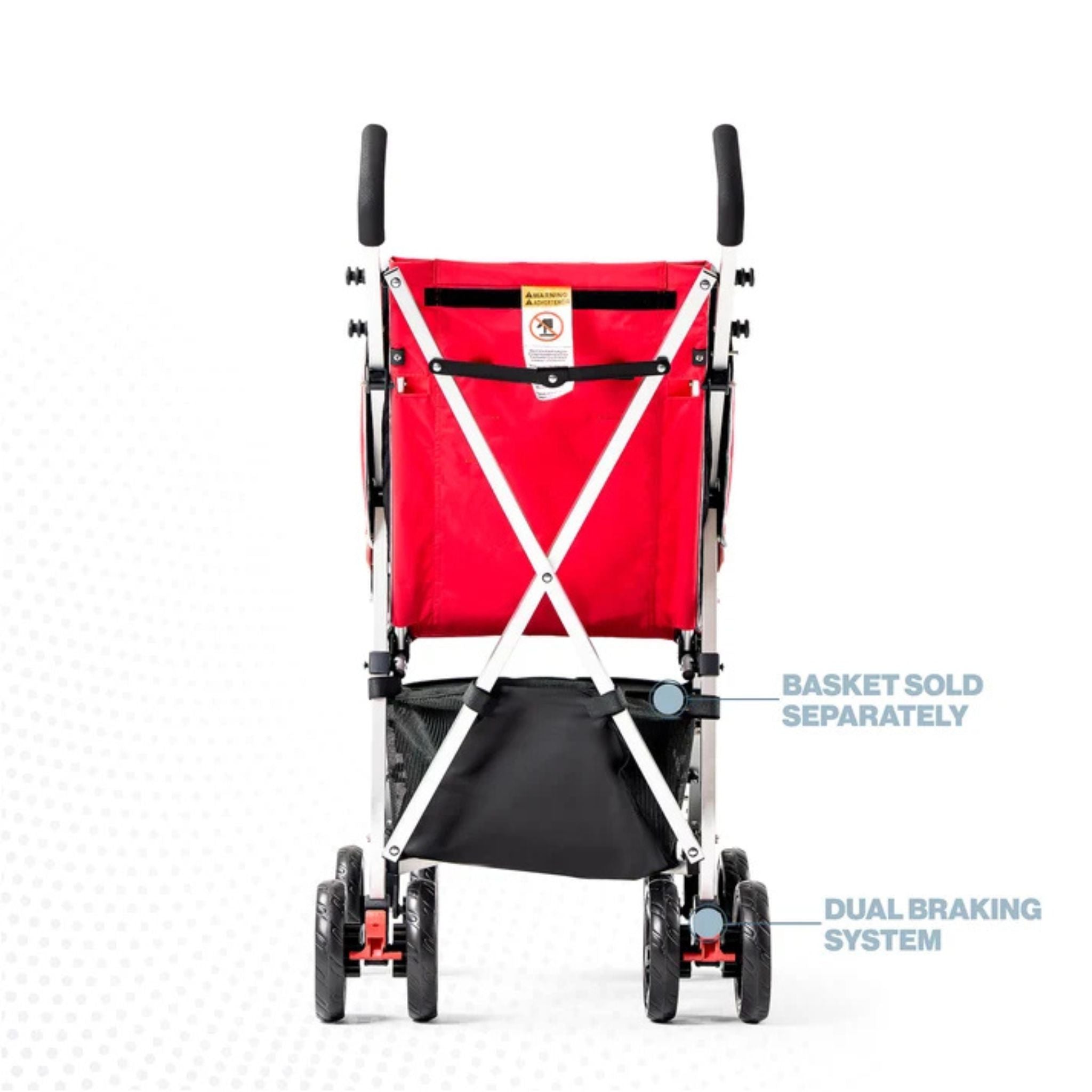 Rear view of a red Coche special needs stroller showing the dual braking system; storage basket sold separately