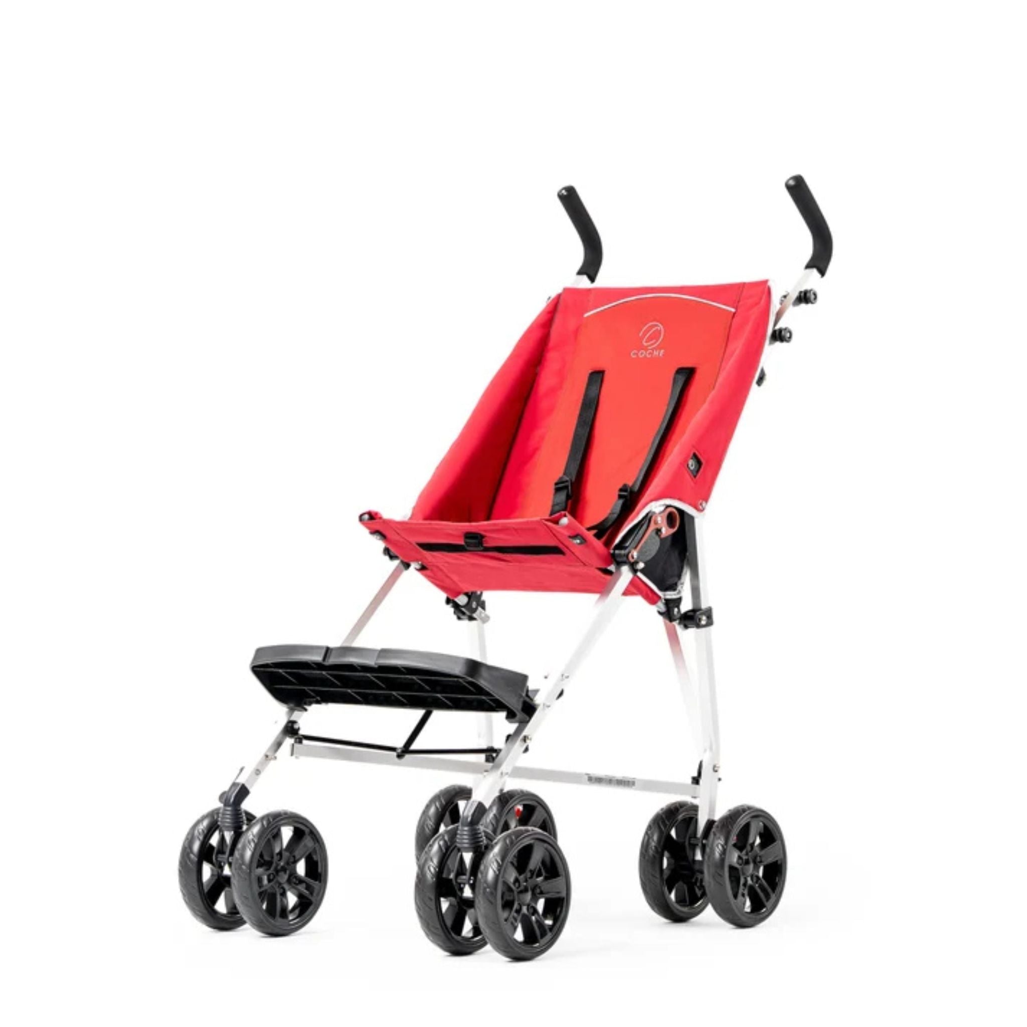 Red Coche special needs stroller with lightweight frame, padded seat, footrest, and dual front swivel wheels