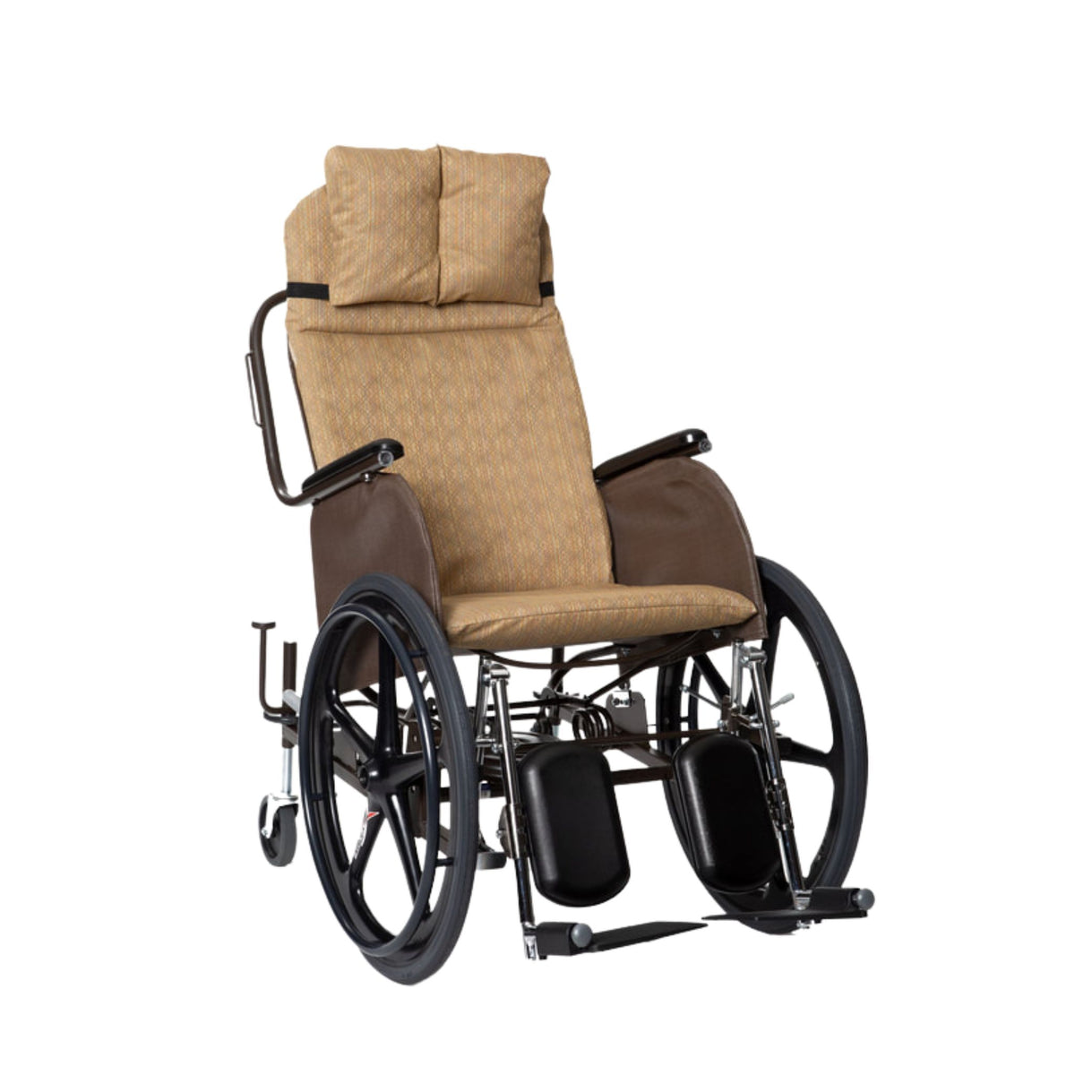 Rock 'N Go rocking wheelchair in golden Lattice fabric with elevating legrests for leg support
