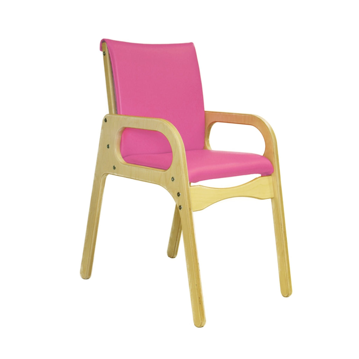 Smirthwaite Felix school chair with candy pink cushioned seat and back, wooden armrests, and wide anti-tip legs.