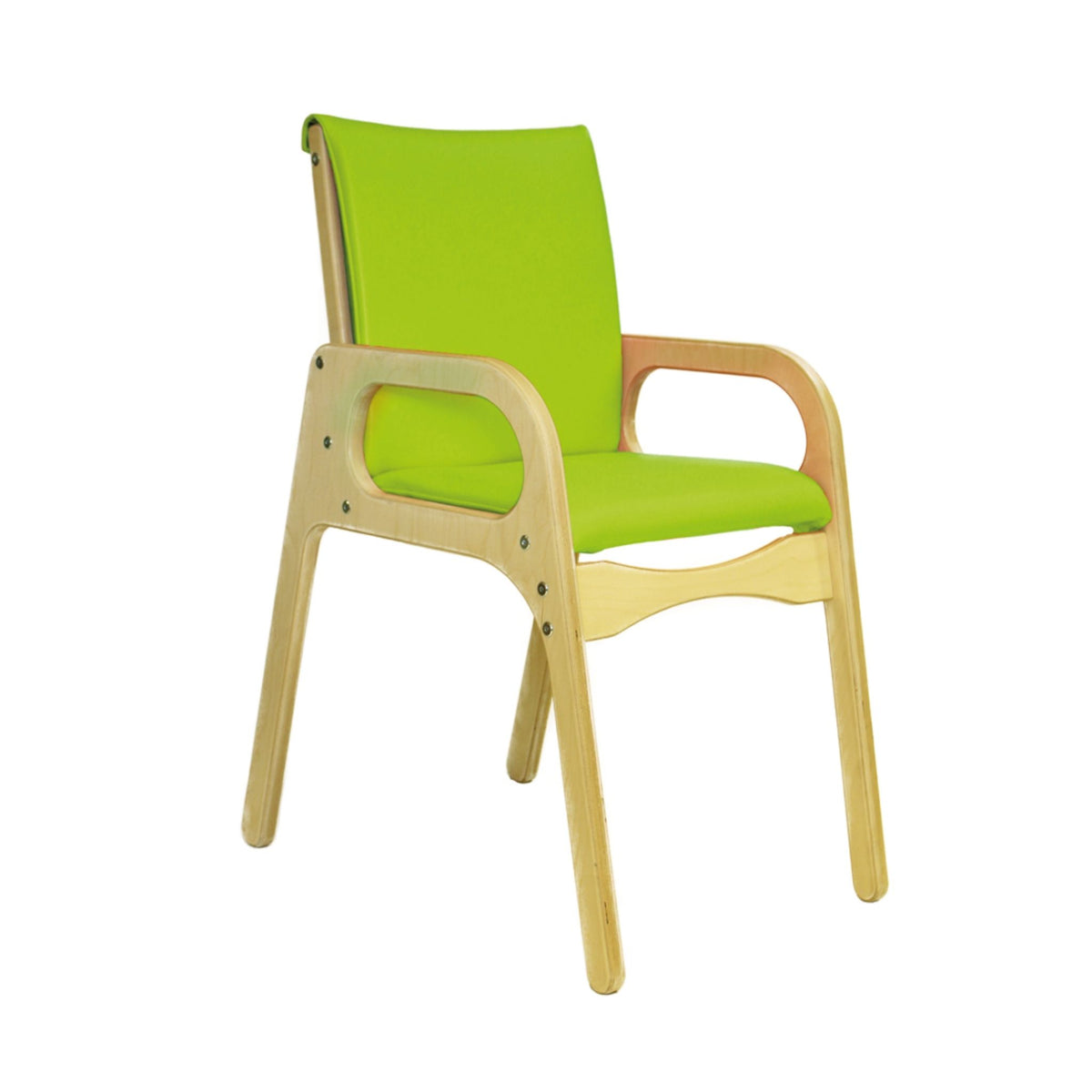 Smirthwaite Felix school chair with citrus green cushioned seat and back, wooden armrests, and anti-tip leg base.