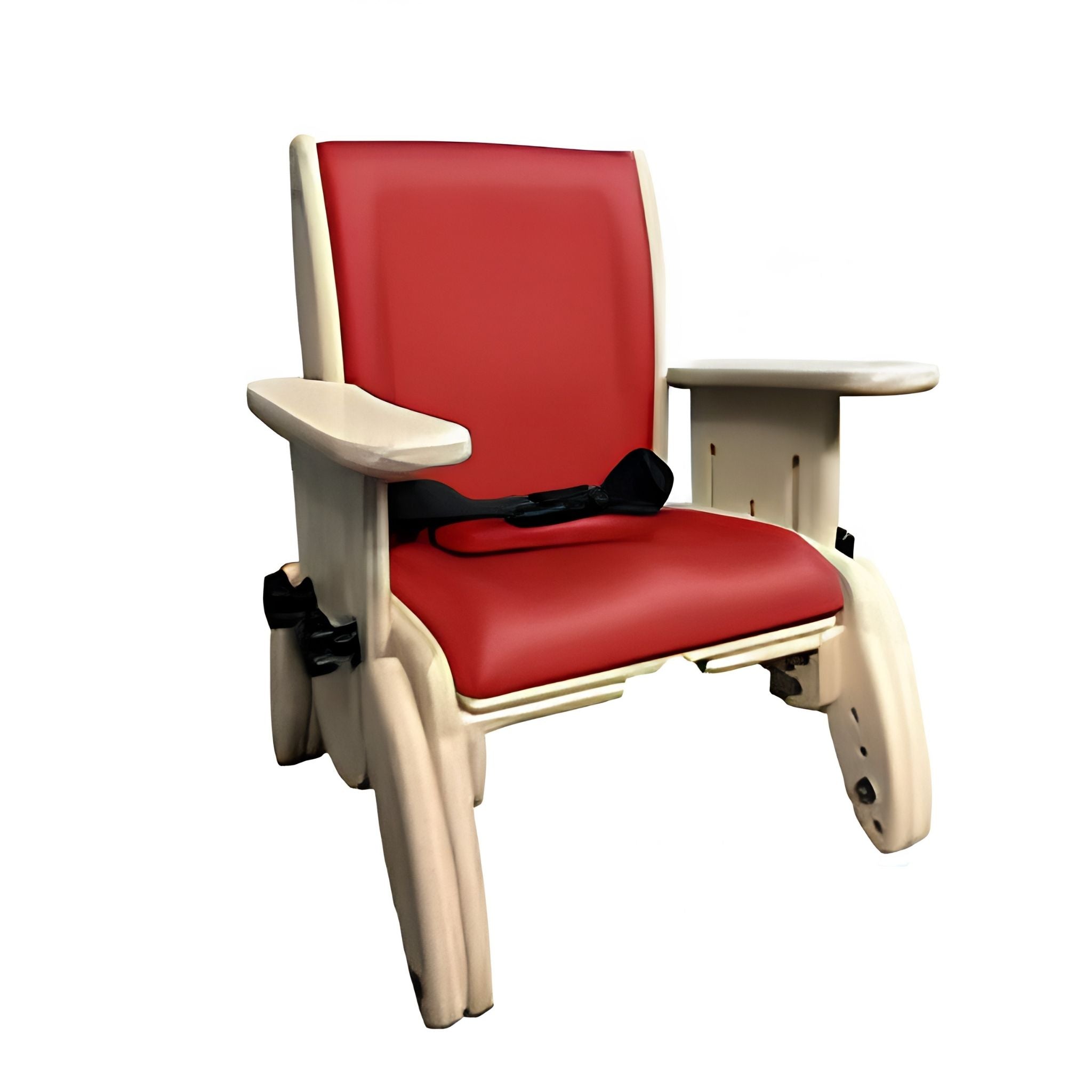 Red Smirthwaite Juni postural chair with flat wooden armrests and an adjustable natural wood frame.