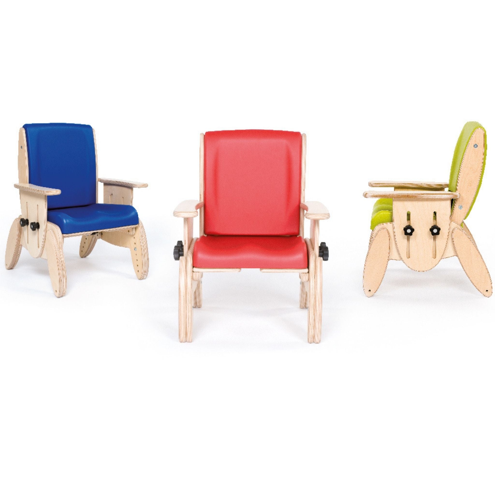 Three Smirthwaite Juni postural chairs shown together in blue, red, and lime green with natural wood frames.