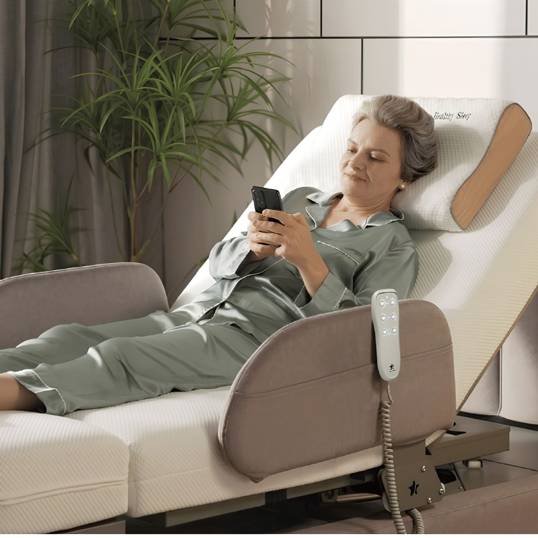 Senior woman relaxing on a StarSleep Arlo rotating care bed with the backrest raised, using her phone