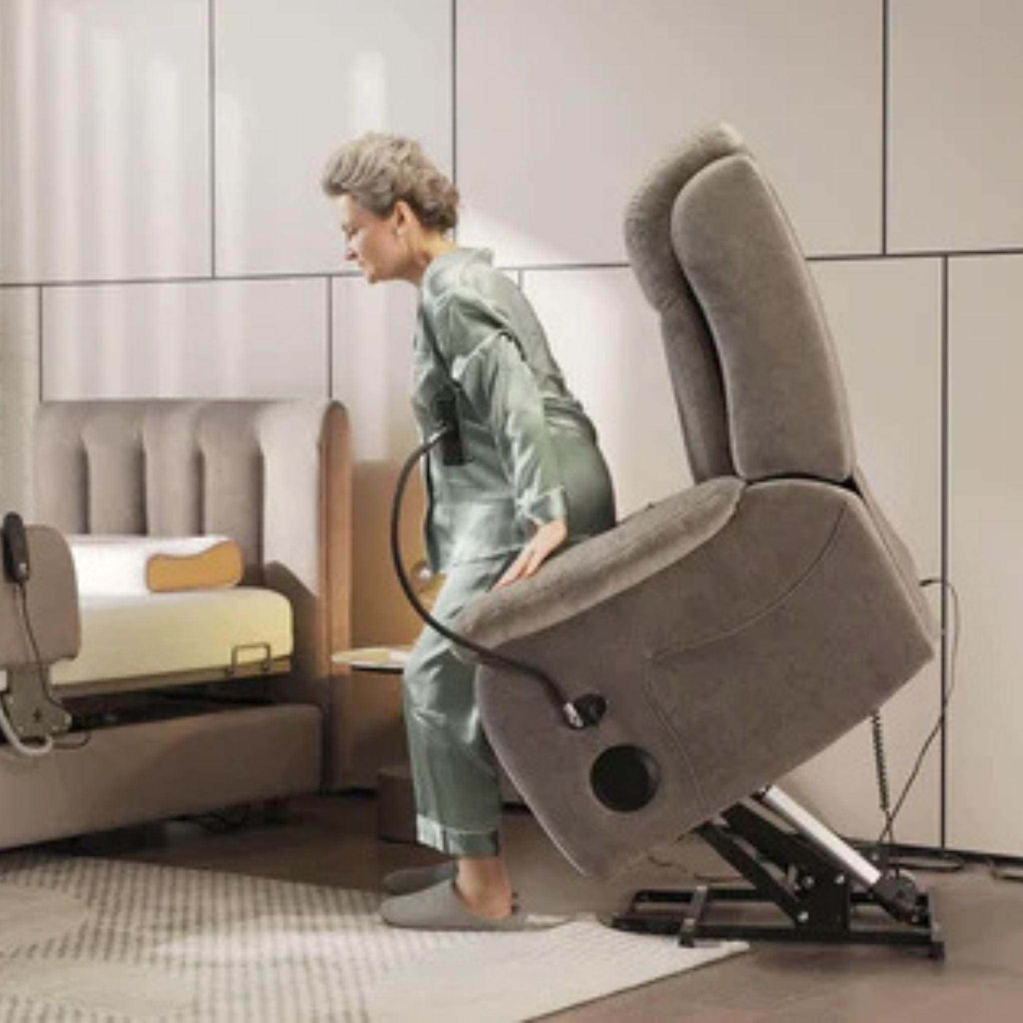 Woman transitioning from seated to standing position using Starise electric lift recliner chair with mobility assistance