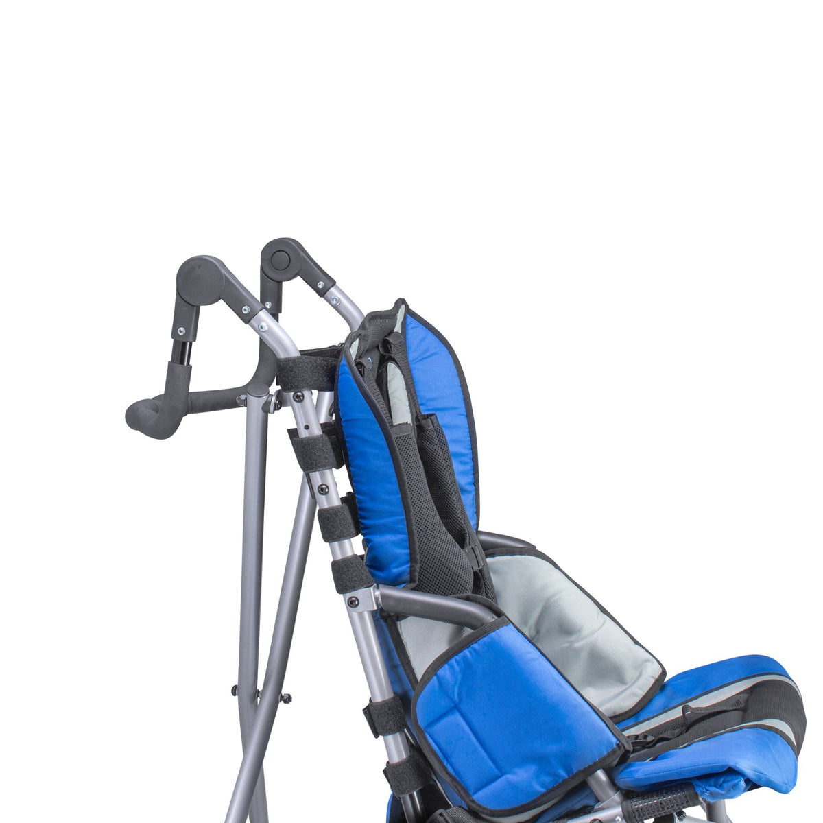 Close-up of the Strive EZ one-piece push handle angled down in its lowest position above the blue padded back