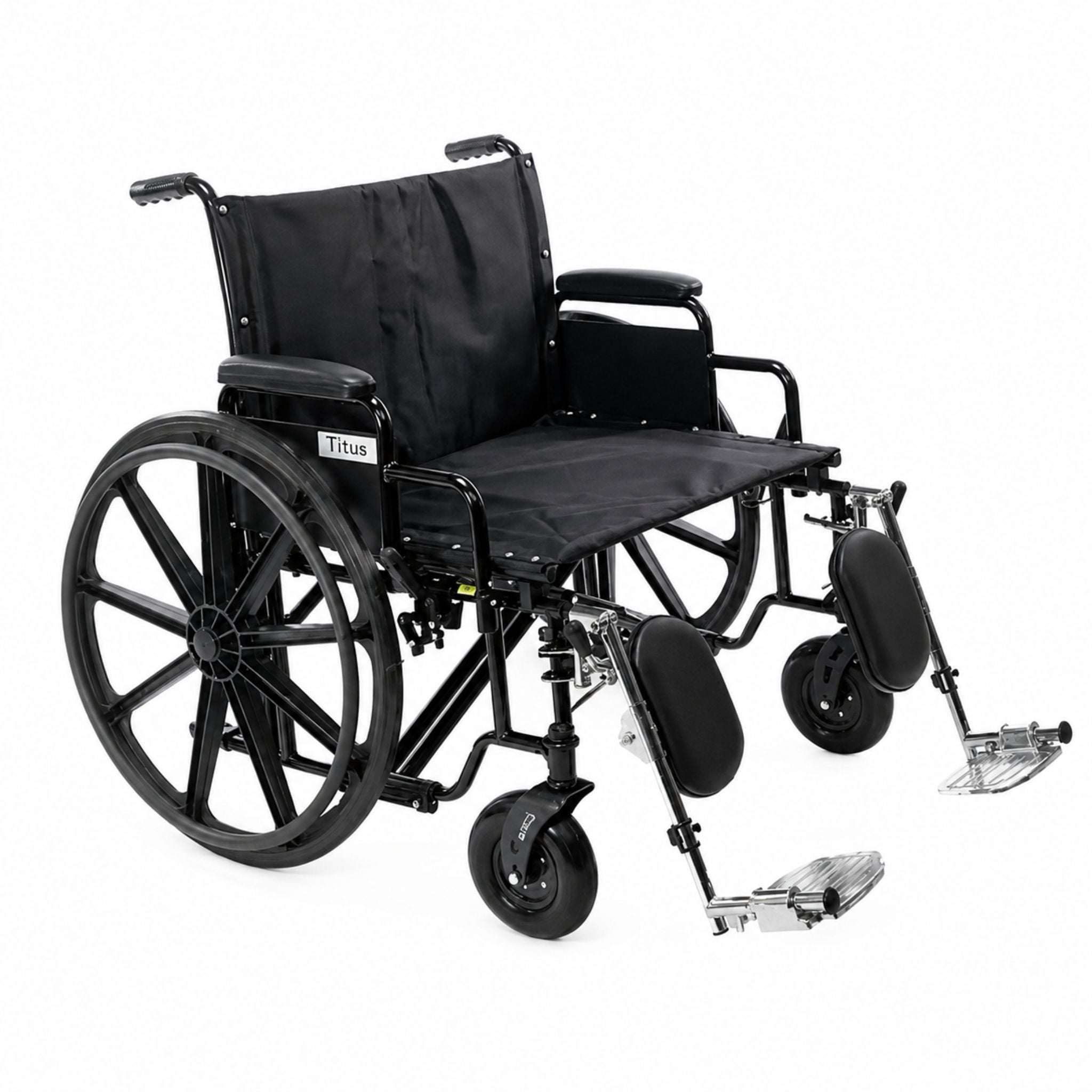 Titus bariatric wheelchair with removable desk-length arms and elevating leg rests designed for transfer-friendly positioning, leg support, and high-capacity wheelchair comfort.