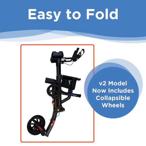 Folded UPWalker Premium Lite upright rollator walker with collapsible wheels for lightweight transport, compact storage, and travel mobility convenience