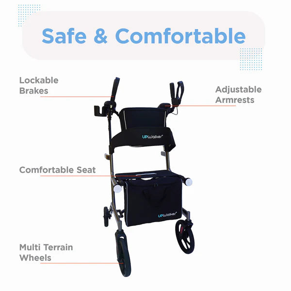 UPWalker Premium Lite upright walker feature overview showing adjustable armrests, lockable brakes, comfortable seat, and multi-terrain wheels for senior mobility support