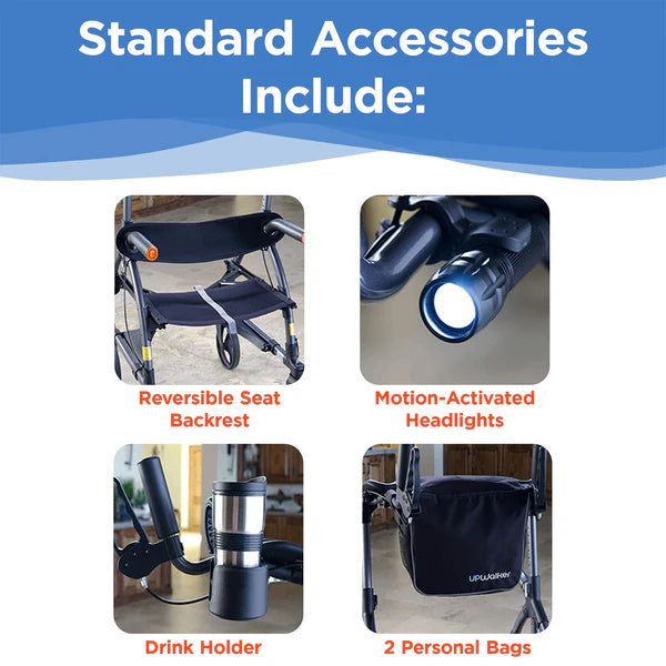 UPWalker Premium Lite upright rollator accessories including motion-activated headlights, drink holder, reversible backrest, and dual storage bags for everyday mobility